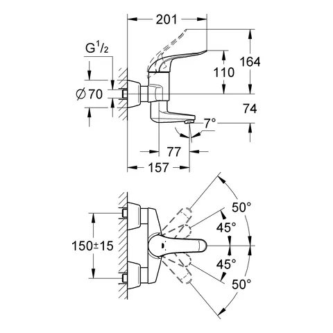 Einhand-Waschtischbatterie Euroeco Special 32770, Wandmontage, Ausladung 157 mm, 46 mm Keramikkartusche, Hebellänge 120 mm, chrom Einhand-Waschtischbatterie Euroeco Special 32770, Wandmontage, Ausladung 157 mm, 46 mm Keramikkartusche, Hebellänge 120 mm, chrom