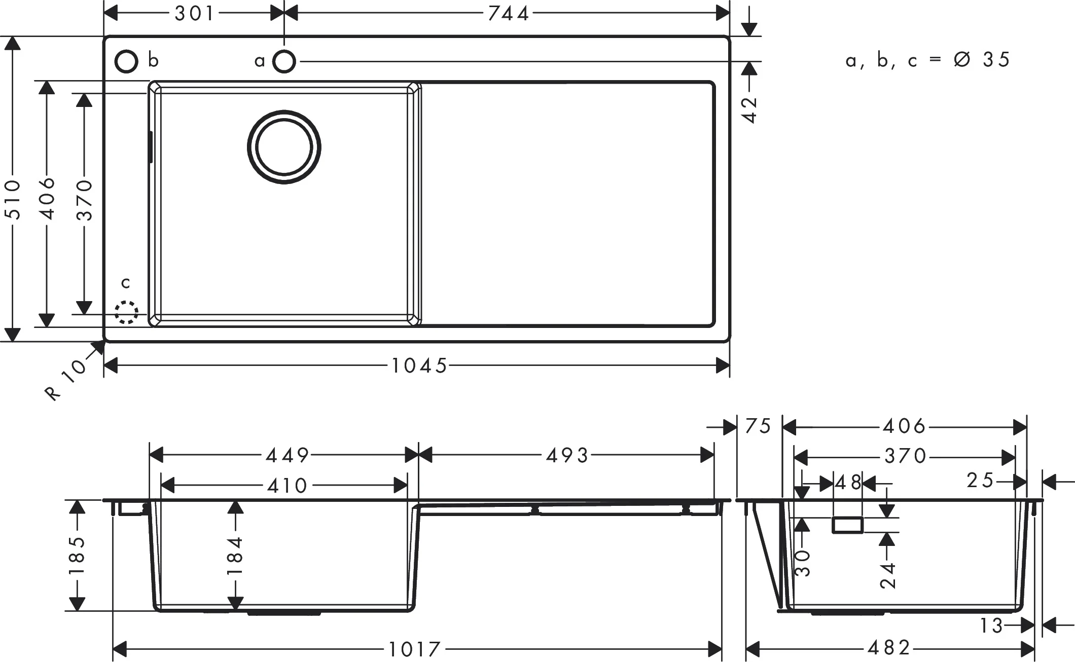 Hansgrohe Einbauspüle S71 Edelstahl, 490 mm Breite, 184 mm Tiefe, flach aufliegend oder flächenbündig