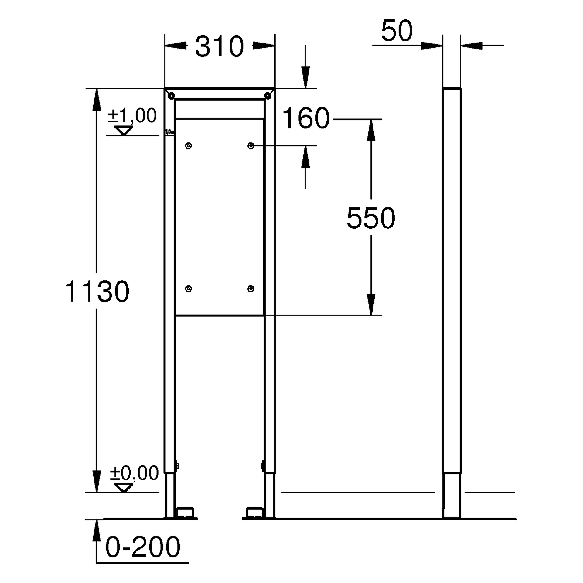 Halte-Element Rapid SL 38559_1, 1,13 m Bauhöhe, 0,31 m breit, für die Befestigung von Stütz-und Haltegriffen in Leichtbau-Ständerwänden oder Vorwandinstallationen