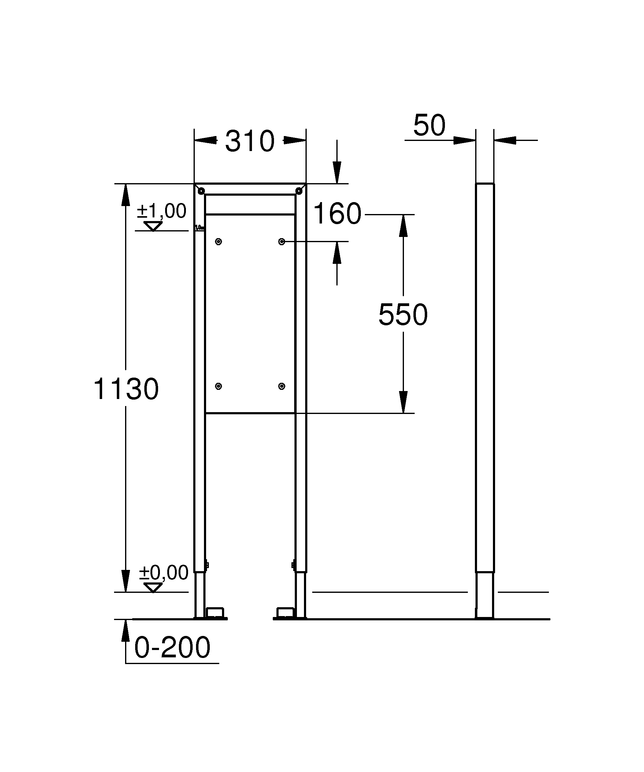 Halte-Element Rapid SL 38559_1, 1,13 m Bauhöhe, 0,31 m breit, für die Befestigung von Stütz-und Haltegriffen in Leichtbau-Ständerwänden oder Vorwandinstallationen