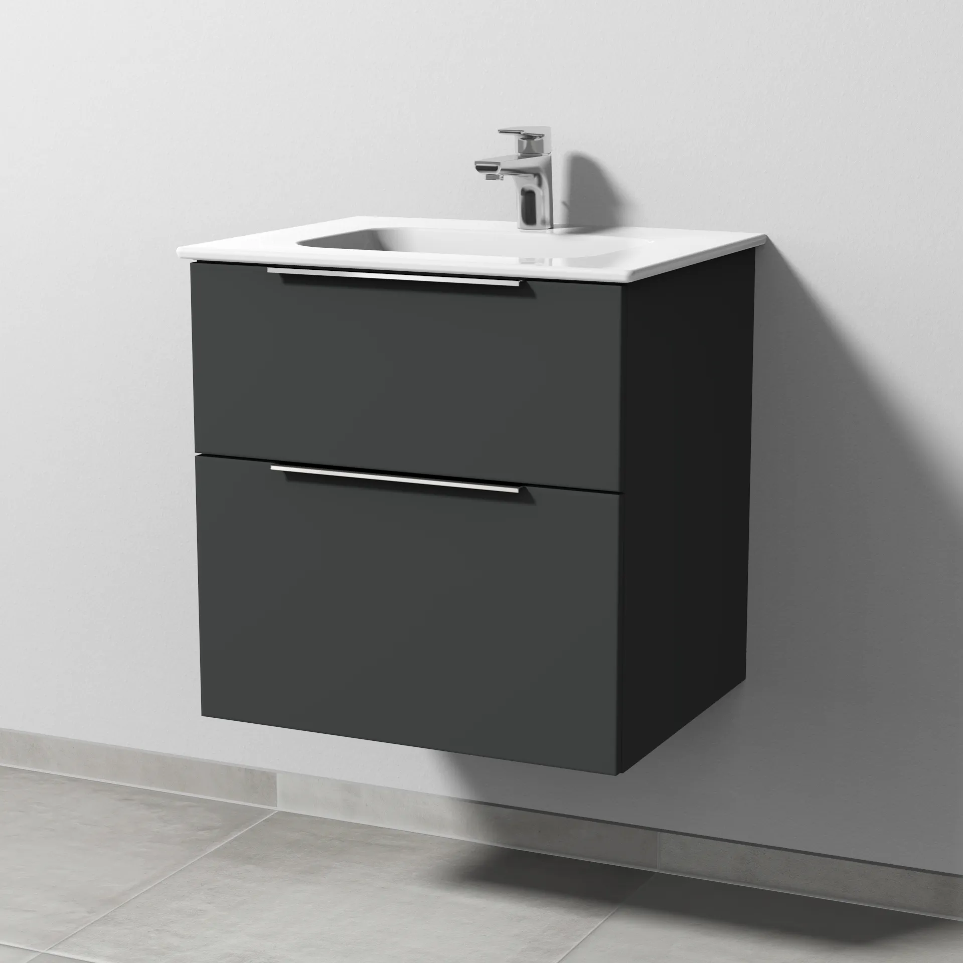 Keramik-Waschtisch-Set mit Waschtischunterschrank „3way“ 57 × 46 × 58,2 cm in Graphit (matt), mit Hahnlochbohrung, Becken mittig Keramik-Waschtisch-Set mit Waschtischunterschrank „3way“ 57 × 46 × 58,2 cm in Graphit (matt), mit Hahnlochbohrung, Becken mittig