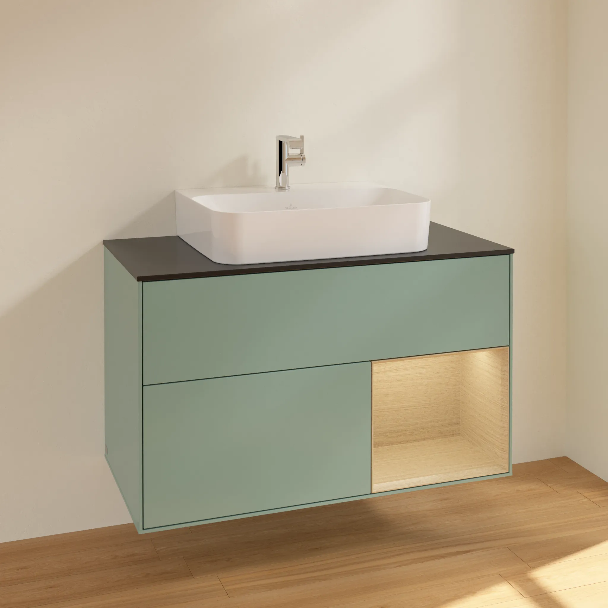 Villeroy & Boch Waschtischunterschrank „Finion“ für Schrankwaschtisch 1000 × 603 × 501 mm Olive Matt Lacquer, für Becken mittig Villeroy & Boch Waschtischunterschrank „Finion“ für Schrankwaschtisch 1000 × 603 × 501 mm Olive Matt Lacquer, für Becken mittig