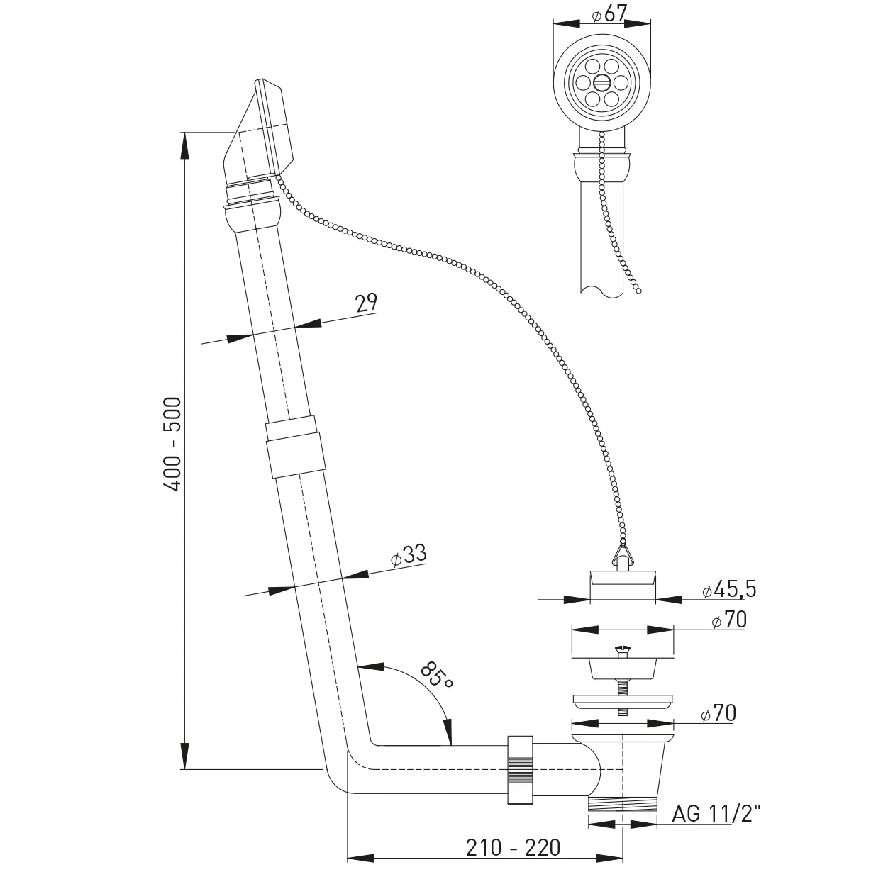 Ablaufgarnitur CW, o. Geruchverschl. mit Ventilstopfen