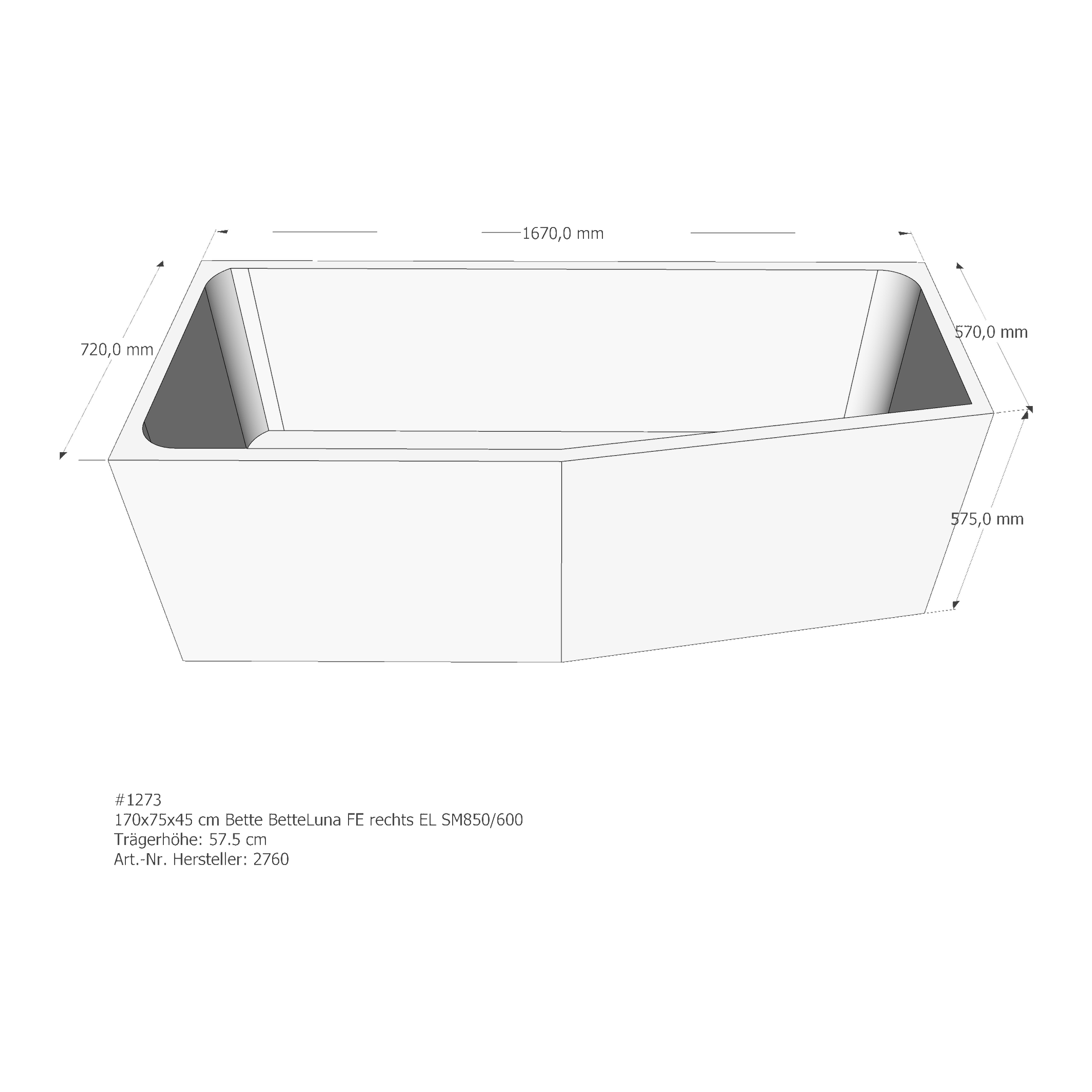 Badewannenträger für Bette BetteLuna rechts 170 × 75 × 45 cm