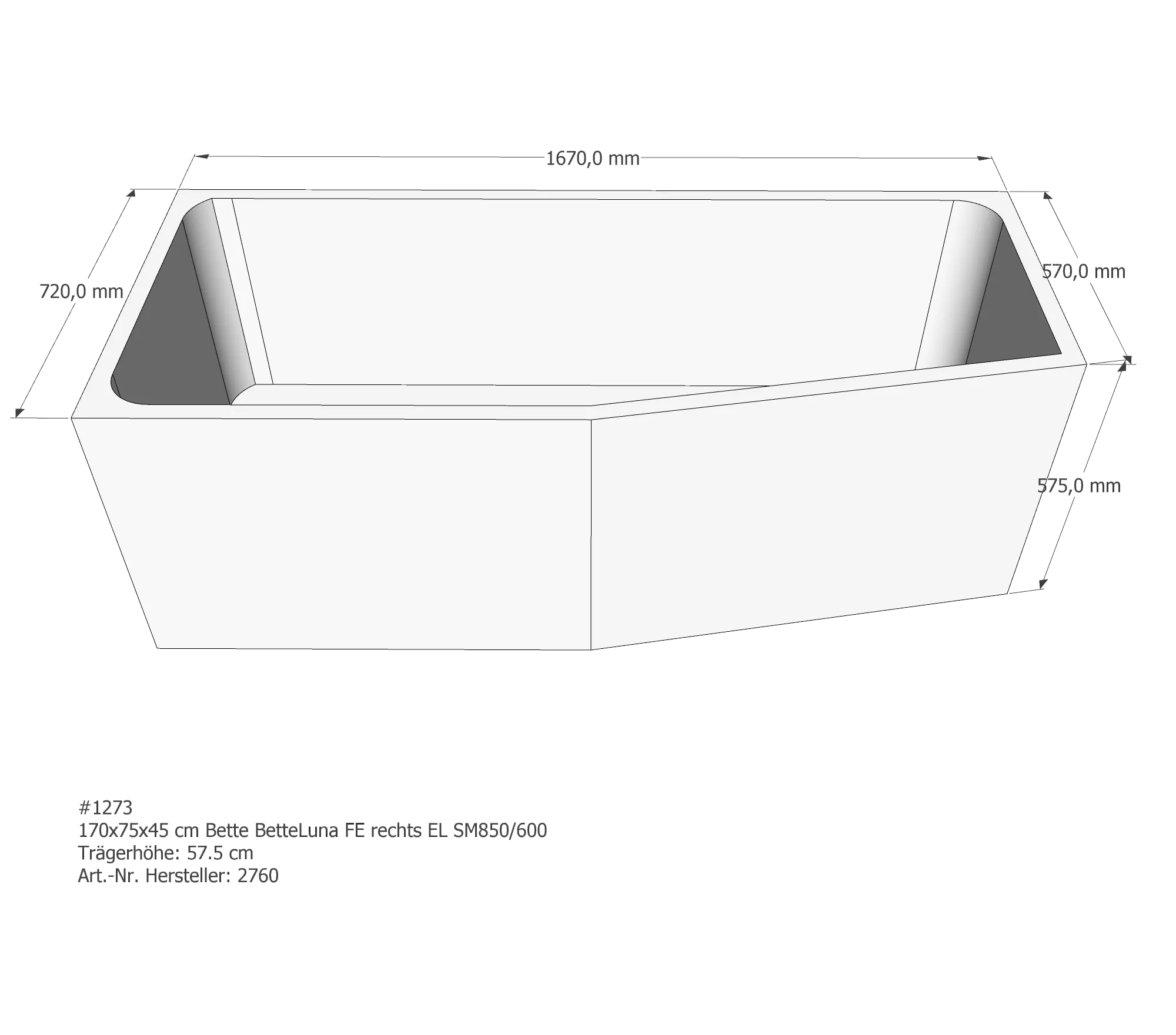 Badewannenträger für Bette Luna rechts rechts 170 × 75 × 45 cm Ausführung: rechts Badewannenträger für Bette Luna rechts rechts 170 × 75 × 45 cm Ausführung: rechts