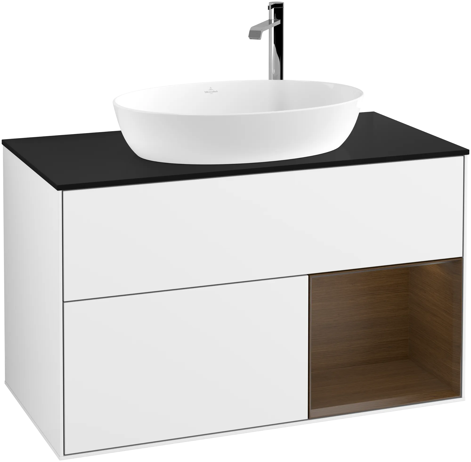 Villeroy & Boch Finion Waschbeckenunterschrank G90 1000x603x501mm Glossy White Lacquer/Walnut Veneer/Glass Black Matt