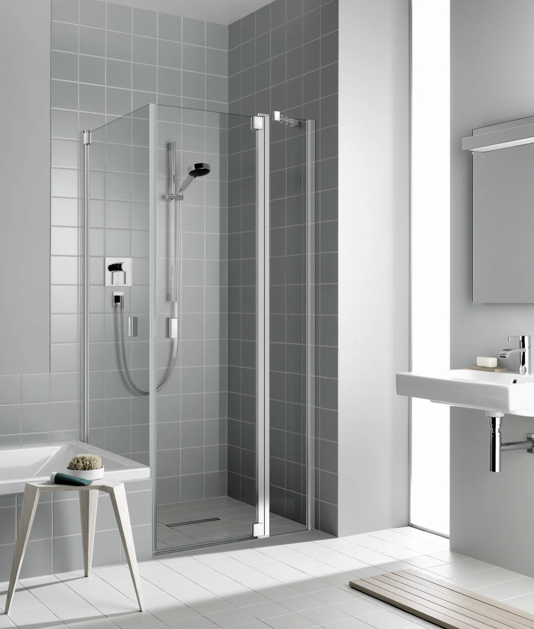 Kermi Duschtür 1-flügelig mit Festfeld rechts für Ecke „RAYA“ Glas Klar, Profile Silber Mattglanz, BV: 720 - 750 mm GAK: 705 - 735 mm WE: 730 - 760 mm H: 1850 mm Anschlag: rechts / Breitenverstellmaß: 720 - 750 mm / Glas: Klar / Glasaußenkante: 705 - 735 mm / Höhe: 185 cm / Oberflächenveredelung: ohne KermiCLEAN / Profile: Silber Mattglanz / Wanneneinbaumaß: 730 - 760 mm