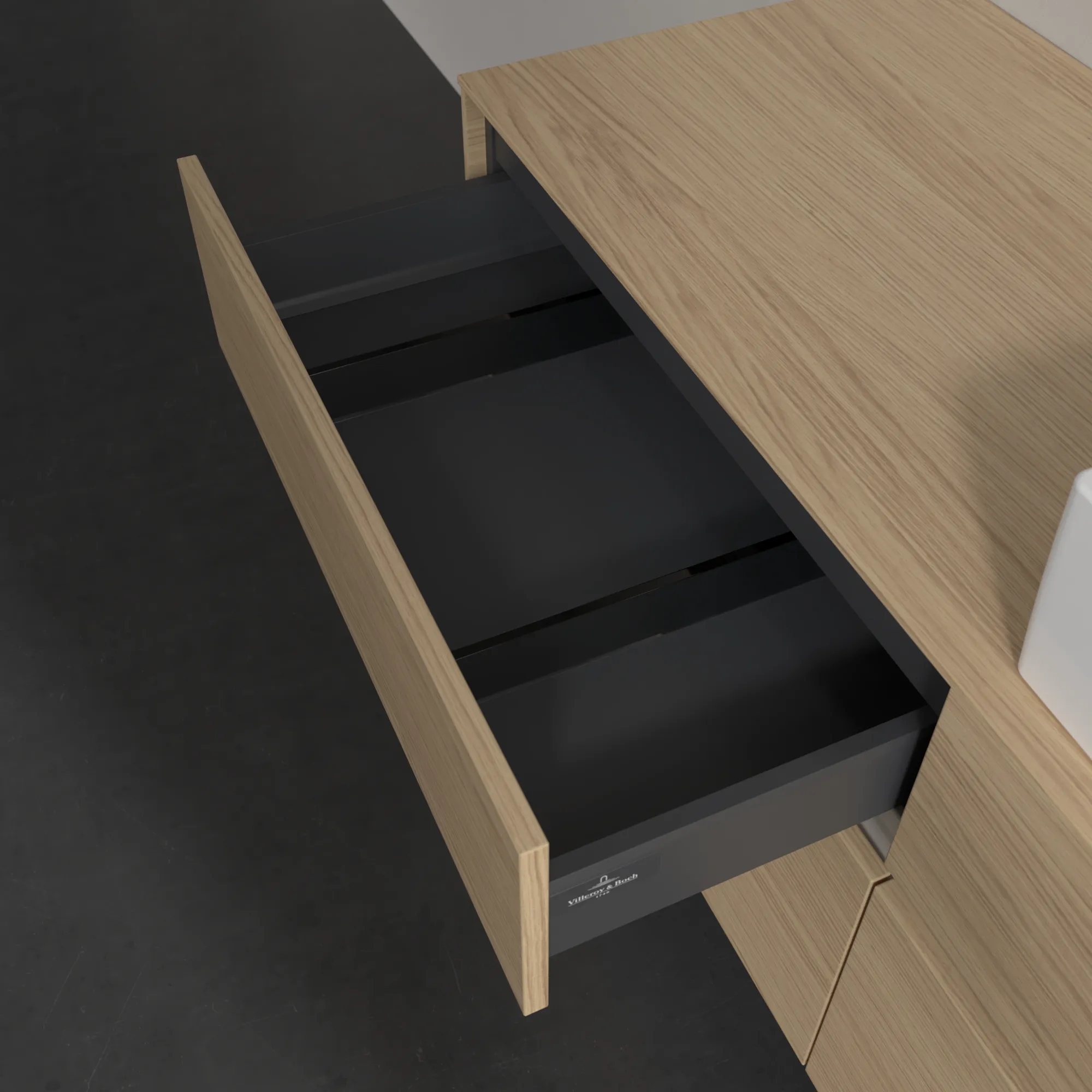 Villeroy & Boch Waschtischunterschrank „Collaro“ 1400 × 548 × 500 mm Nordic Oak, mit Beleuchtung, für Becken rechts Villeroy & Boch Waschtischunterschrank „Collaro“ 1400 × 548 × 500 mm Nordic Oak, mit Beleuchtung, für Becken rechts
