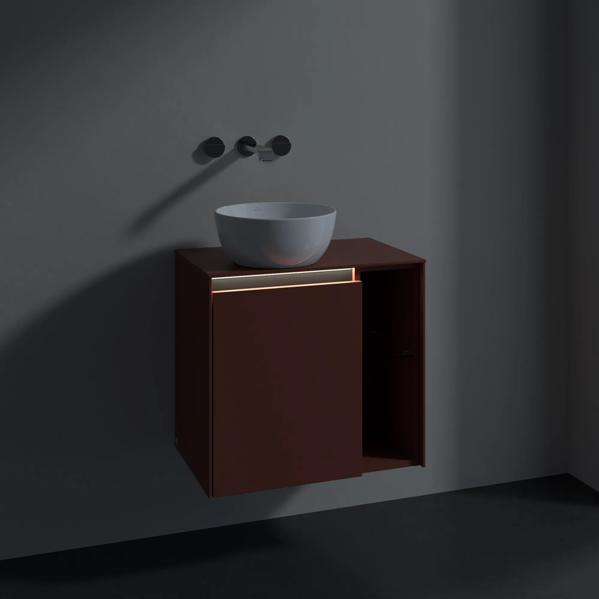 Villeroy & Boch Waschtischunterschrank „Collaro“ 600 × 548 × 380 mm Wine Red, für Becken links, Anschlag links, mit Beleuchtung Villeroy & Boch Waschtischunterschrank „Collaro“ 600 × 548 × 380 mm Wine Red, für Becken links, Anschlag links, mit Beleuchtung