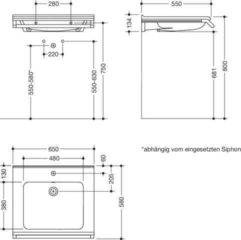 Wandwaschtisch 65 × 58 × 14 cm in Schwarz tiefmatt