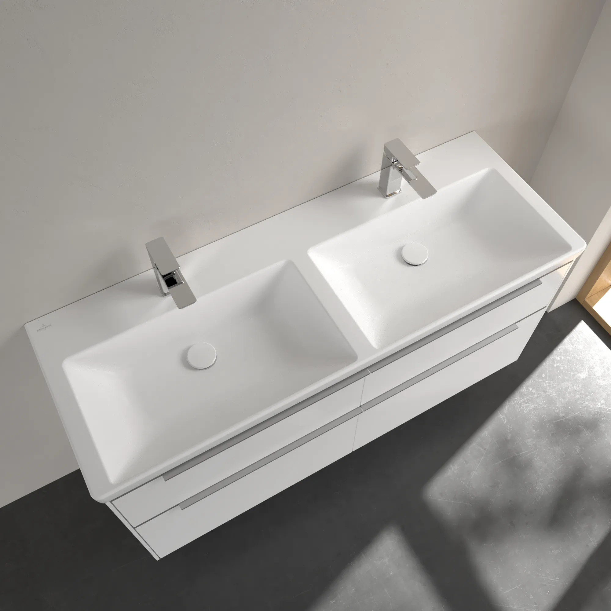 Villeroy & Boch Doppelwaschtisch aus TitanCeram „Subway 3.0“ 1300 × 475 × 165 mm, mit Hahnlochbohrung, Hahnlochposition links und rechts in Stone White