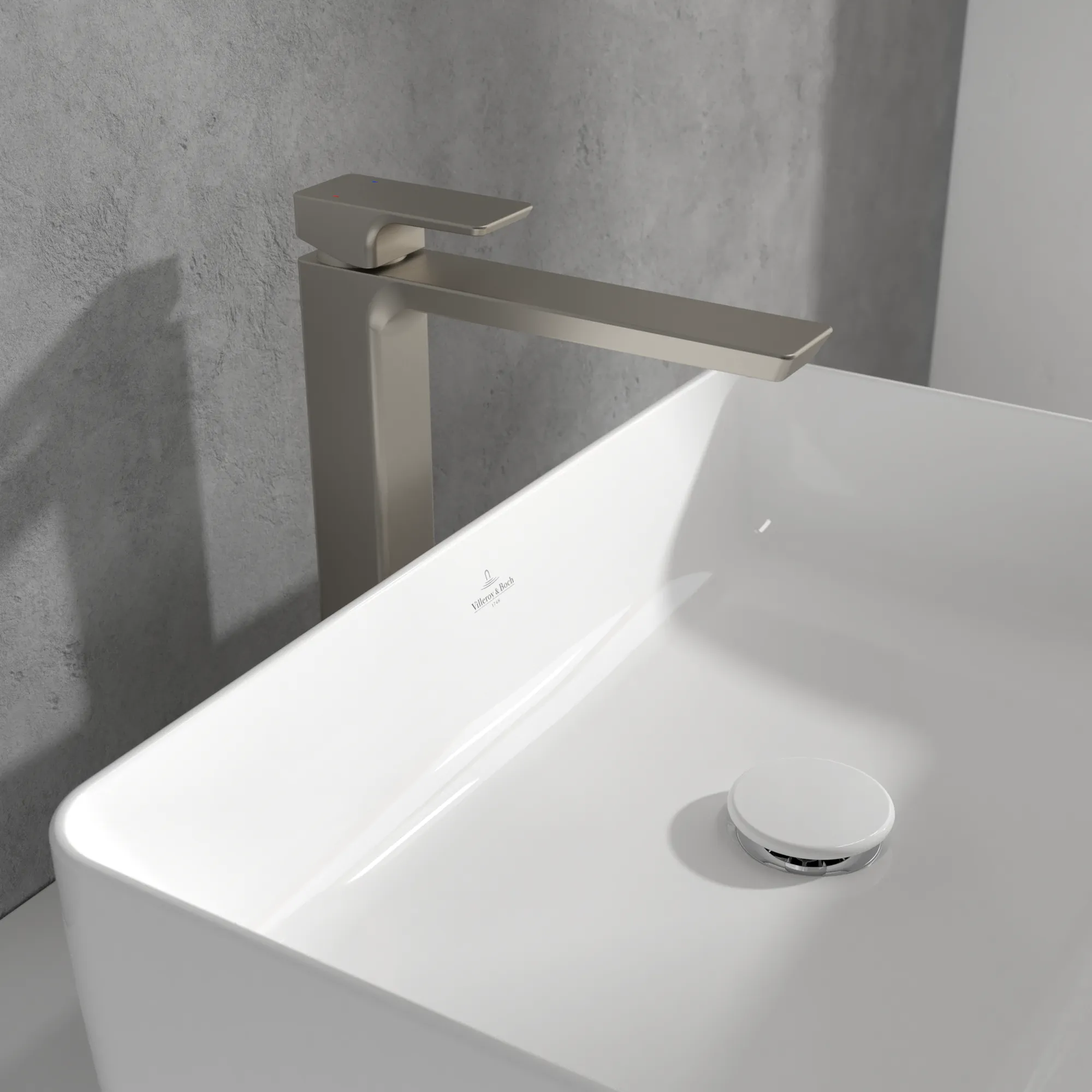 Villeroy & Boch Subway 3.0 Einhebel-Waschtischarmatur erhöhter Montage, Brushed Nickel Matt, 51 x 238 x 295 mm, mit verstellbarem Strahlregler und AirPlus-Technologie