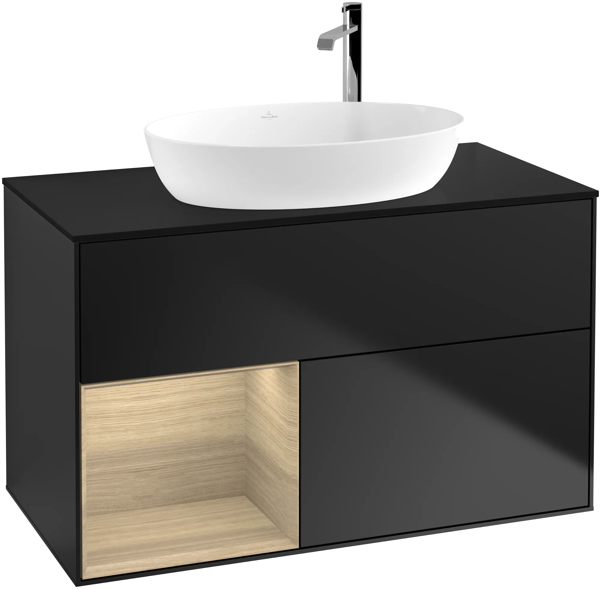 Villeroy & Boch Finion Waschbeckenunterschrank F89, 1000 x 603 x 501 mm, Black Matt Lacquer / Oak Veneer / Glass Black Matt