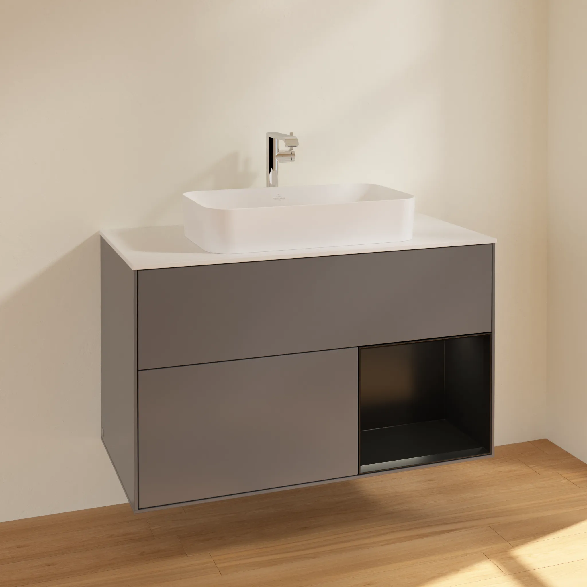 Villeroy & Boch Waschtischunterschrank „Finion“ für Schrankwaschtisch 1000 × 603 × 501 mm Anthracite Matt Lacquer, für Becken mittig, mit Hahnlochbohrung