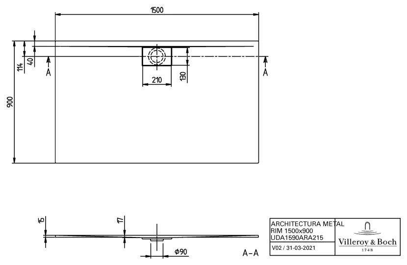 Villeroy & Boch rechteck Duschwanne „Architectura MetalRim“ 150 × 90 cm mit Antirutsch (VILBOgrip), in Weiß Alpin