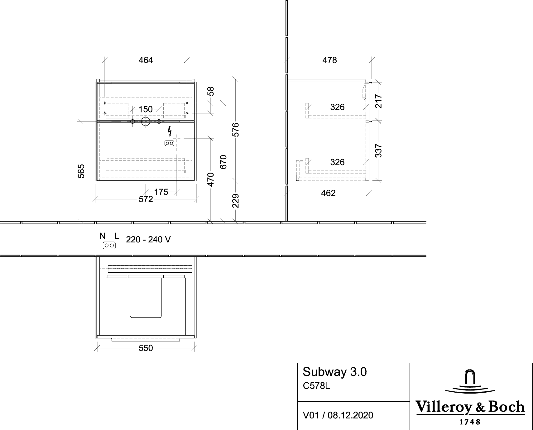 Villeroy & Boch Waschtischunterschrank „Subway 3.0“ für Schrankwaschtisch 572 × 576 × 478 mm Pure White, für Becken mittig
