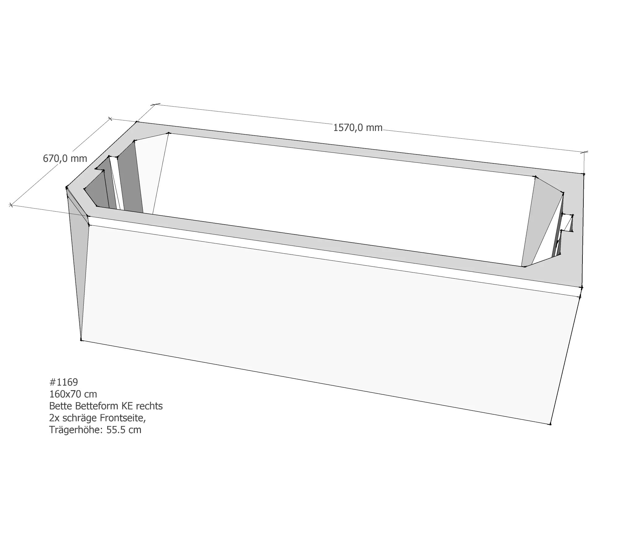 Badewannenträger für Bette Profi-Form KE rechts schräge Frontseite 160 × 70 × 42 cm