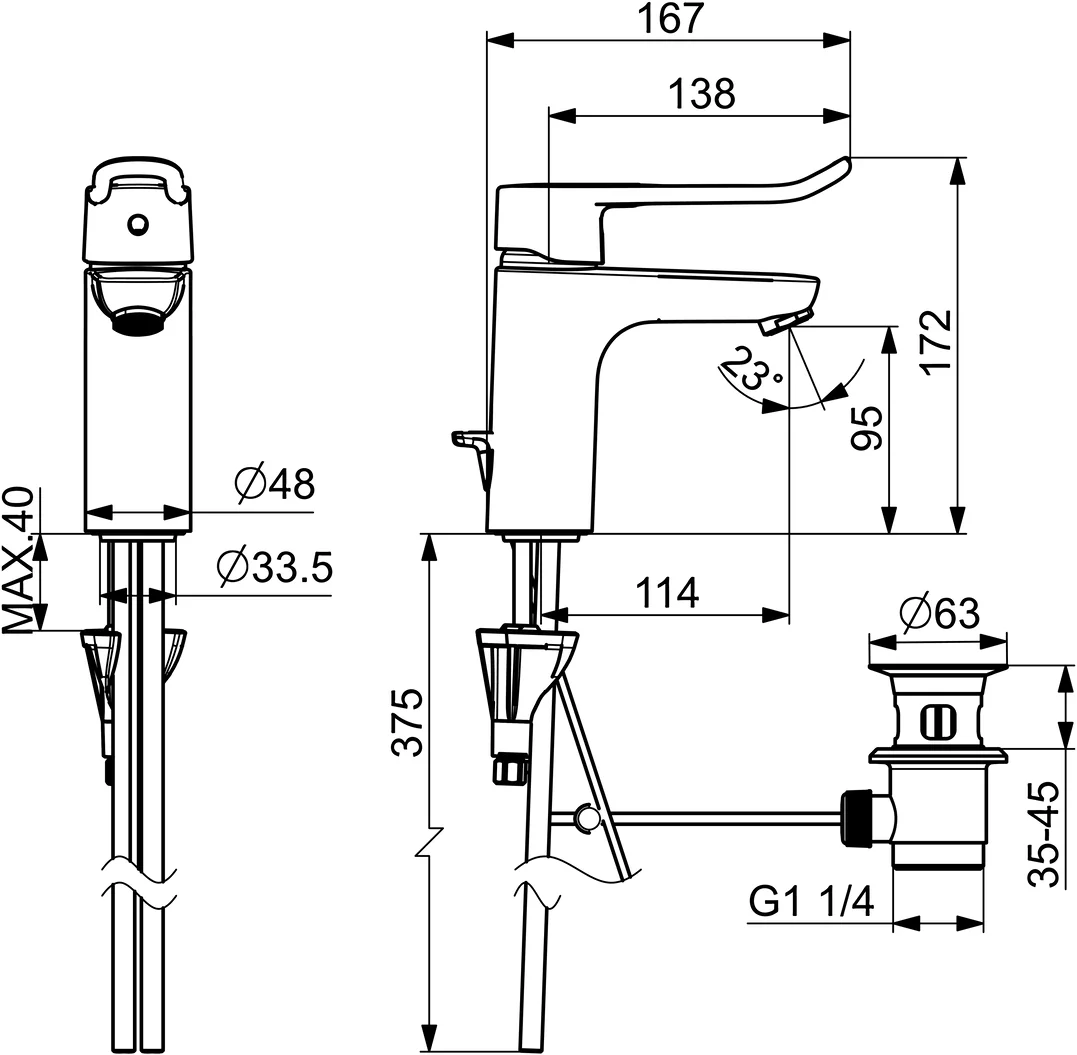 HansaCLINICA Einhebelmischer Waschtischbatterie HansaCLINICA 4501 Kupferrohr Zugstangenablaufgarnitur Bügelhebel Ausladung114 Chrom