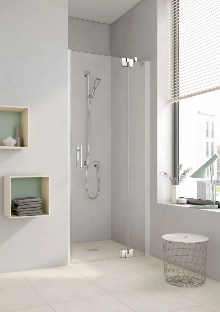 Kermi Duschtür Pendeltür 1-flügelig mit Festfeld rechts für Nische „FILIA XP“ Glas Klar, Profile Silber Hochglanz, BV: 730 - 760 mm WE: 730 - 760 mm H: 1850 mm
