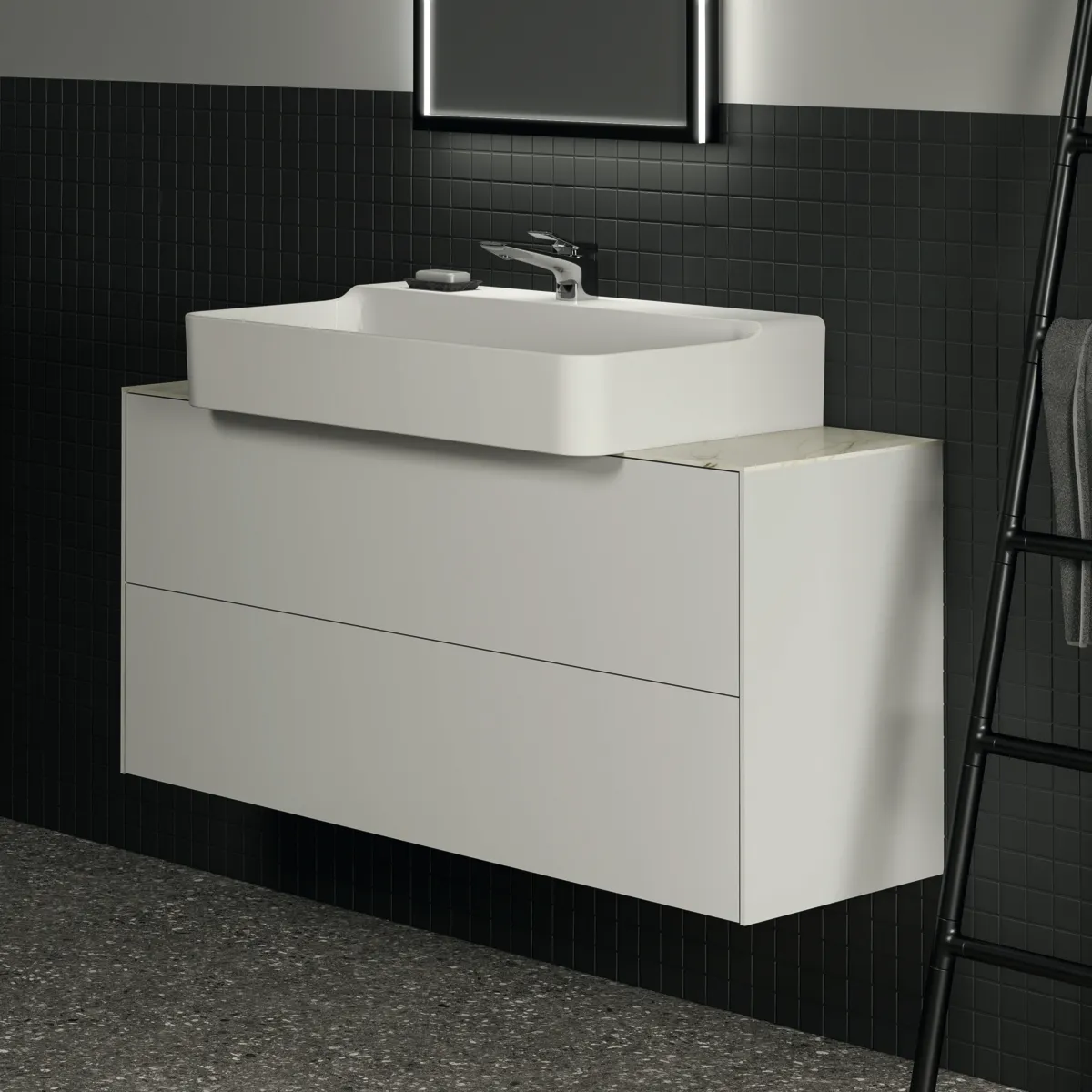 Waschtischplatte Conca, aus Keramik, 1202x373x6mm, Marmor Noir Desir