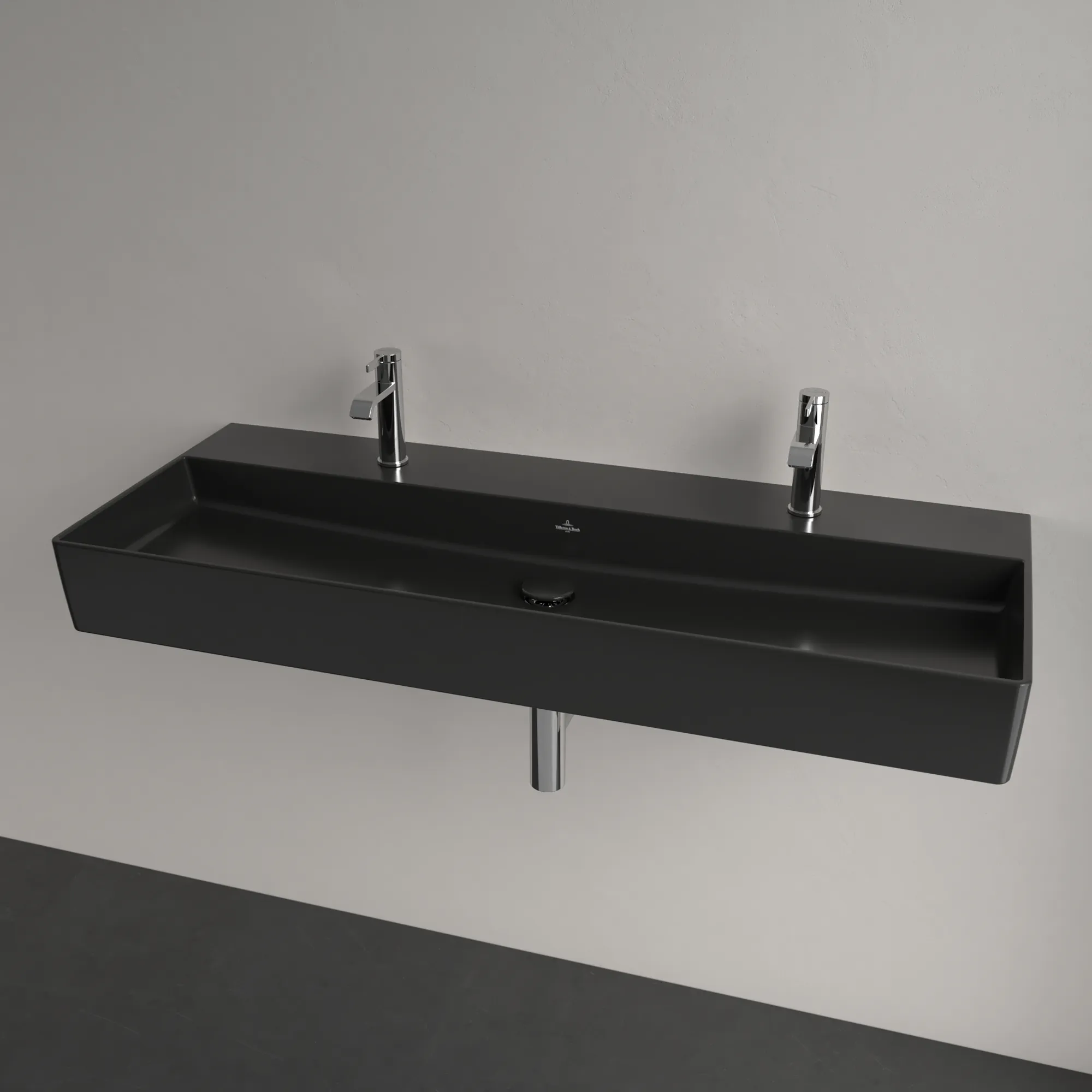 Villeroy & Boch Wandwaschtisch aus TitanCeram geschliffen „Memento 2.0“ 1200 × 470 × 150 mm, Hahnlochposition links und rechts, mit Hahnlochbohrung in Pure Black Villeroy & Boch Wandwaschtisch aus TitanCeram geschliffen „Memento 2.0“ 1200 × 470 × 150 mm, Hahnlochposition links und rechts, mit Hahnlochbohrung in Pure Black