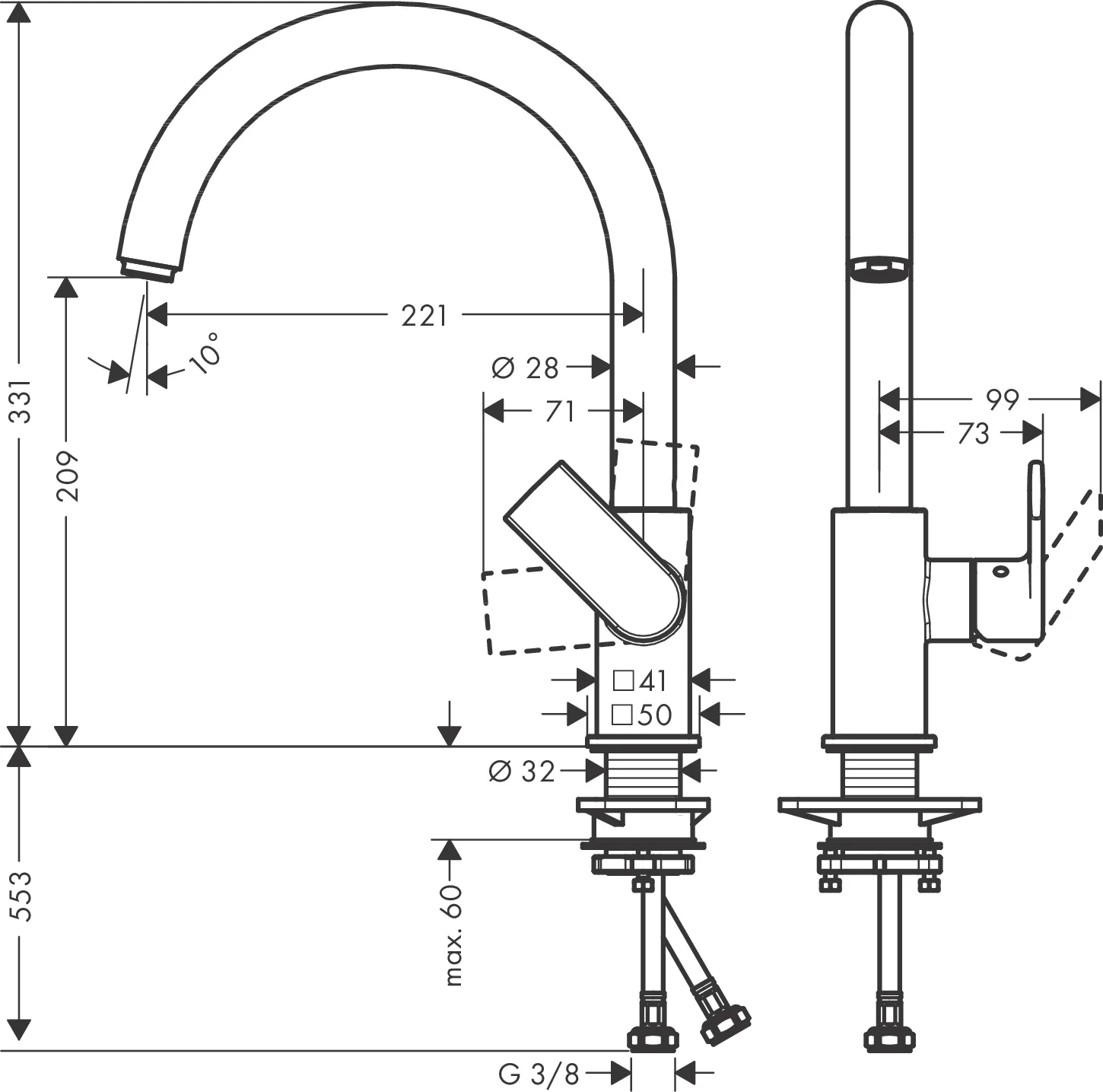 Hansgrohe Vernis Shape M35 Einhebel-Küchenmischer 210, Chrom, 1-Jet, ComfortZone 210, schwenkbar 120° oder 360°, Normalstrahl, max. Durchfluss 11,1 l/min, Keramikmischsystem, für Durchlauferhitzer geeignet