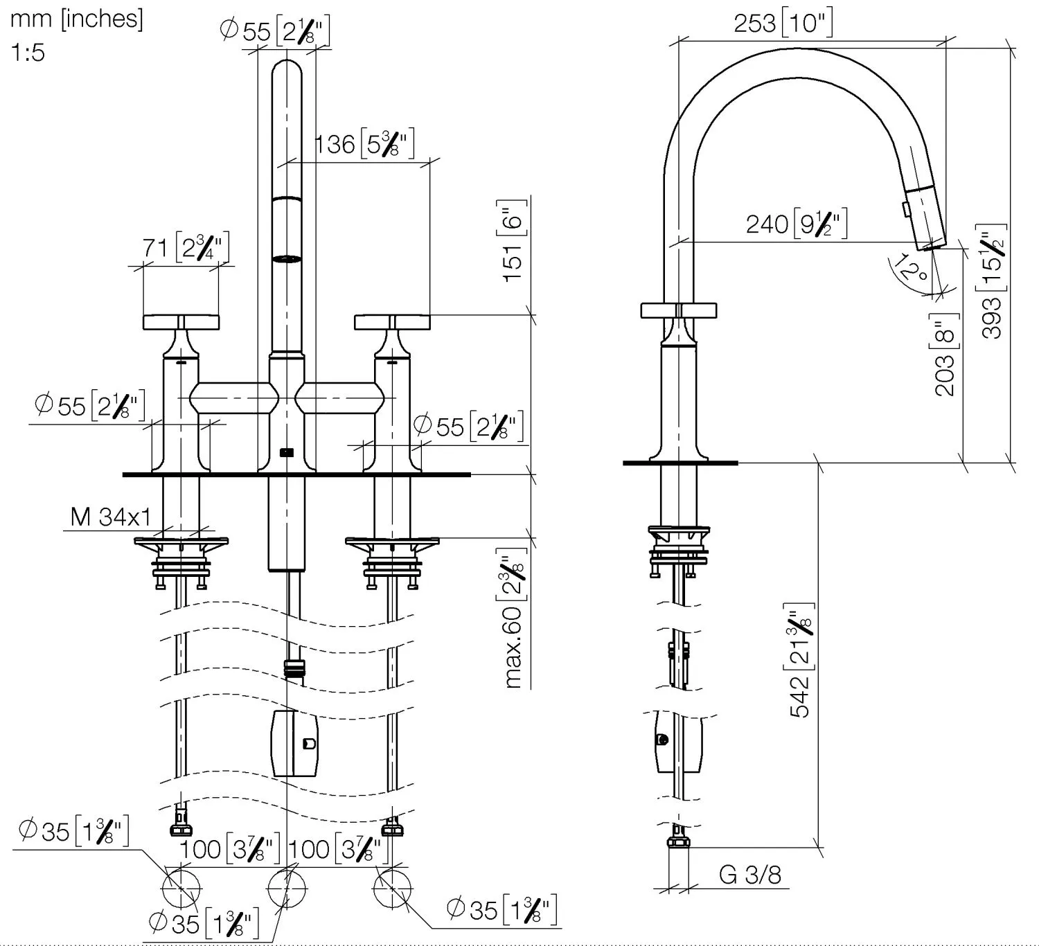 Dornbracht VAIA Dreiloch-Brückenbatterie Pull-down mit Brausefunktion - Chrom Dornbracht VAIA Dreiloch-Brückenbatterie Pull-down mit Brausefunktion - Chrom