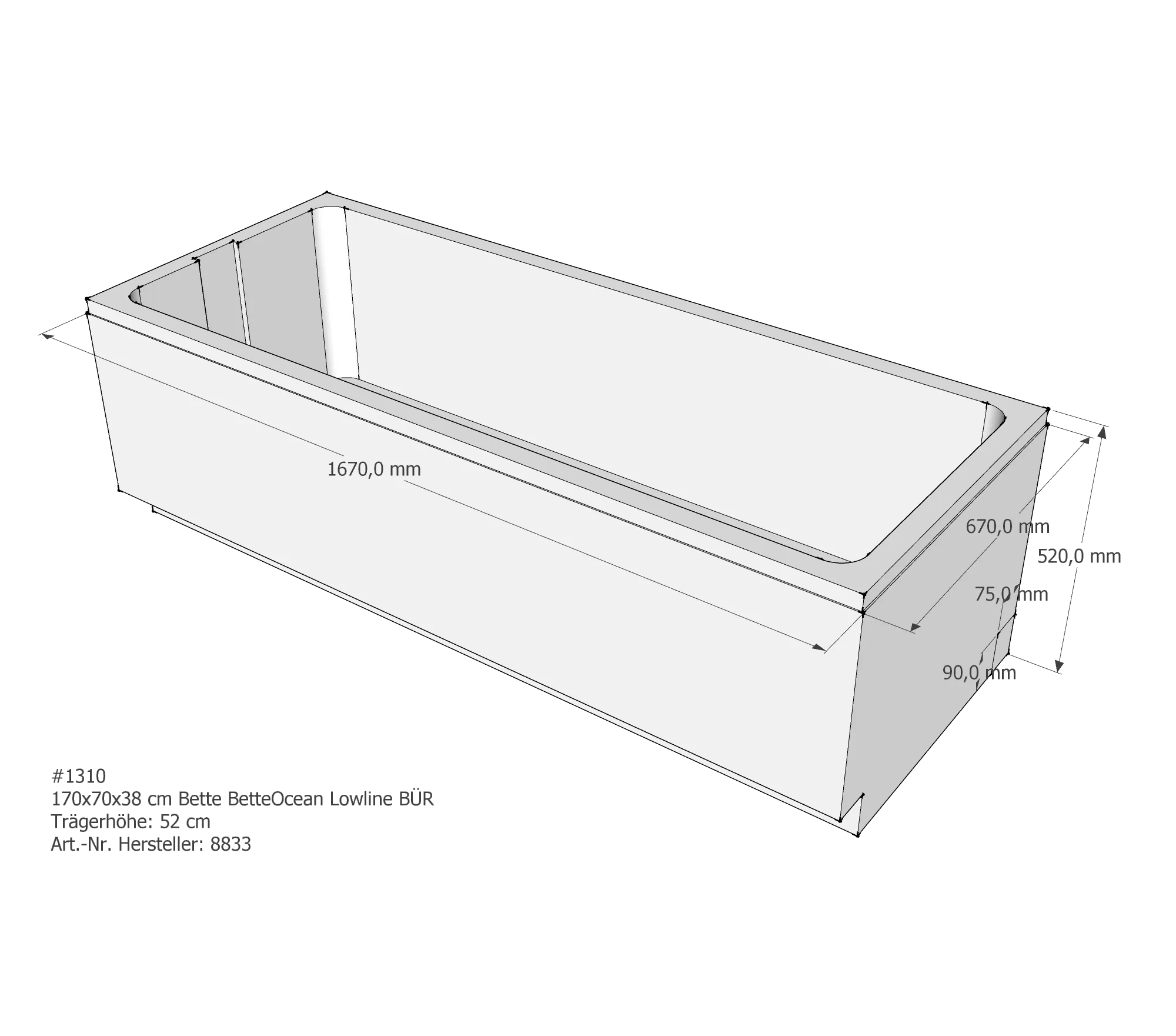 Badewannenträger für Bette Ocean Lowline 170 × 70 × 38 cm Ab- und Überlaufposition: vorn / Breite: 70 cm / Länge: 170 cm Badewannenträger für Bette Ocean Lowline 170 × 70 × 38 cm Ab- und Überlaufposition: vorn / Breite: 70 cm / Länge: 170 cm