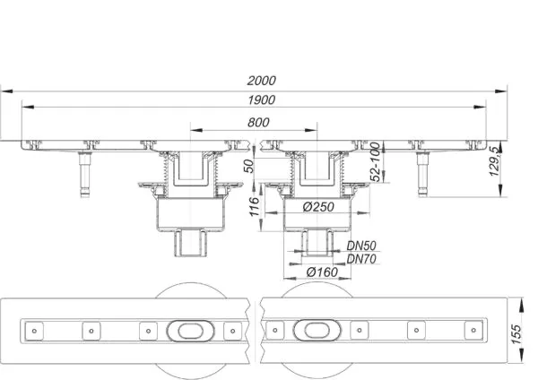 Duschrinne CeraLine senkrecht F Duo 1900 mm, DN 50/DN 70 Duschrinne CeraLine senkrecht F Duo 1900 mm, DN 50/DN 70