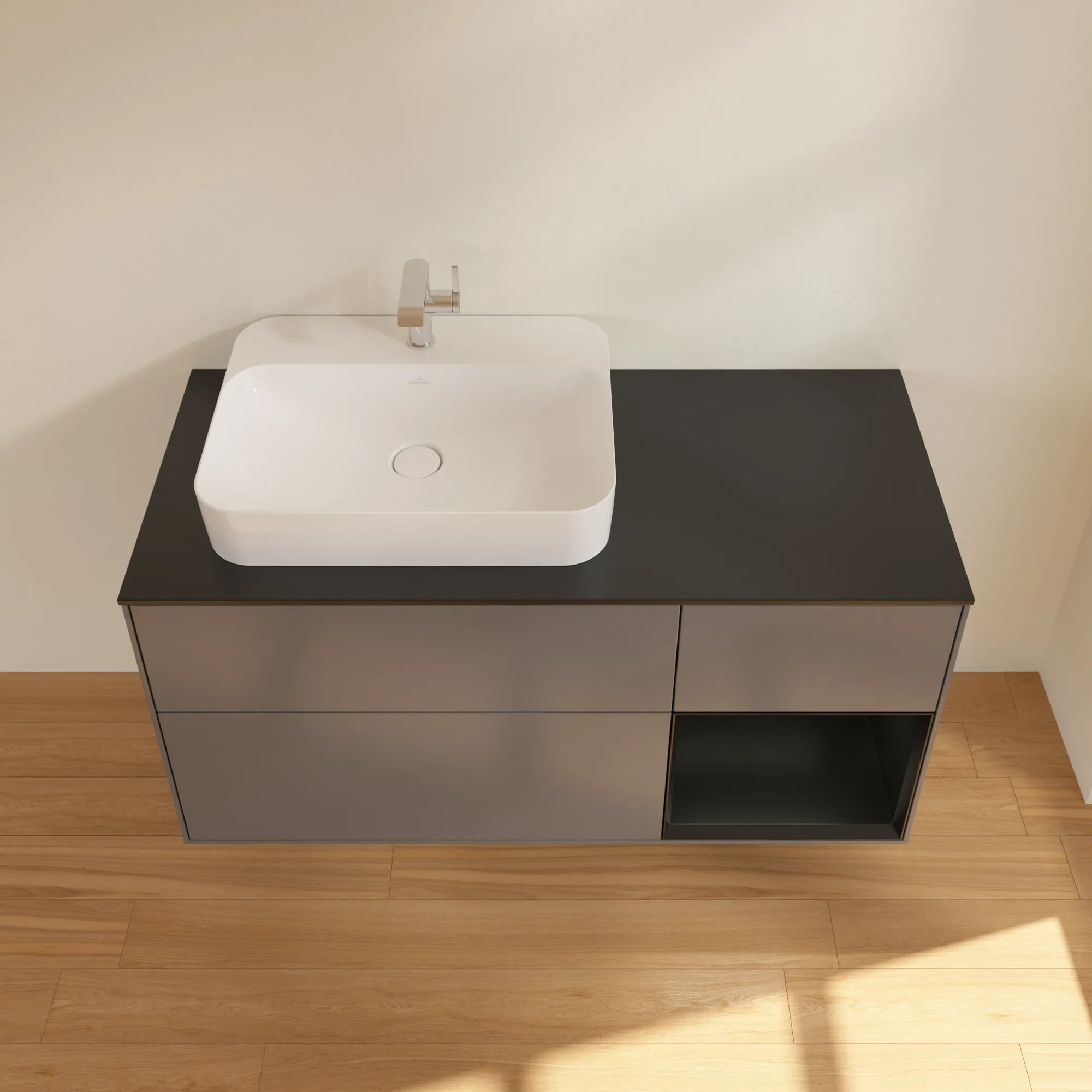 Villeroy & Boch Waschtischunterschrank „Finion“ für Schrankwaschtisch 1200 × 603 × 501 mm Anthracite Matt Lacquer, für Becken links Villeroy & Boch Waschtischunterschrank „Finion“ für Schrankwaschtisch 1200 × 603 × 501 mm Anthracite Matt Lacquer, für Becken links