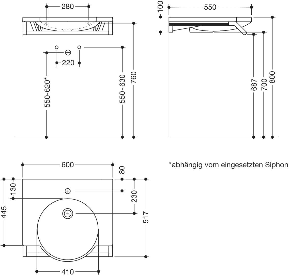 Wandwaschtisch 60 × 58 × 10 cm in Schwarz tiefmatt