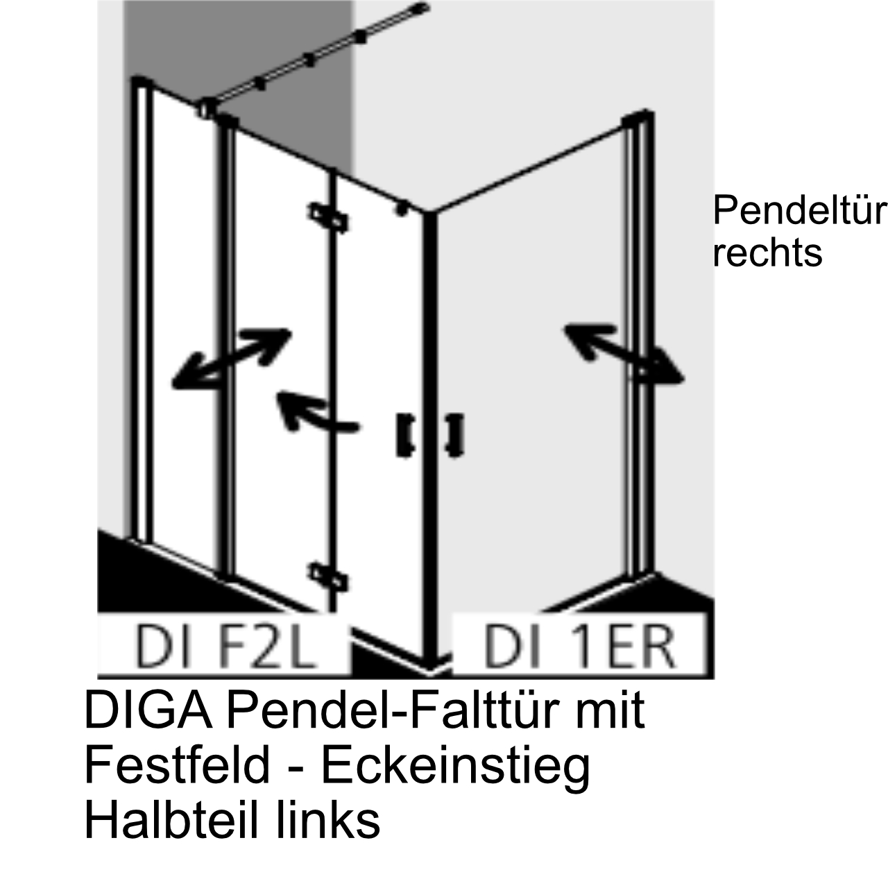 Kermi Pendel-Falttür mit Festfeld 2-teilig Halbteil links „Diga“ Glas Klar, Falttür BV: 880 - 900 mm GAK: 865 - 885 mm WE: 890 - 910 mm H: 1850 mm