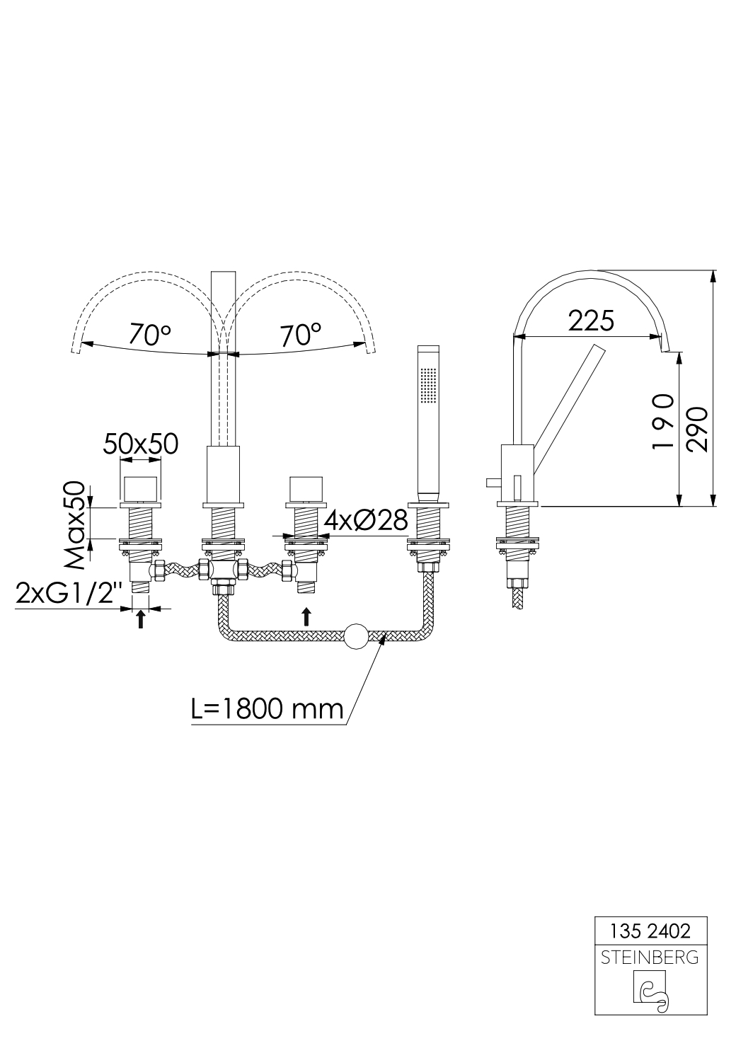 Serie 135 4-Loch Wanne/Brause-Standarmatur, Ausladung 21 cm Serie 135 4-Loch Wanne/Brause-Standarmatur, Ausladung 21 cm