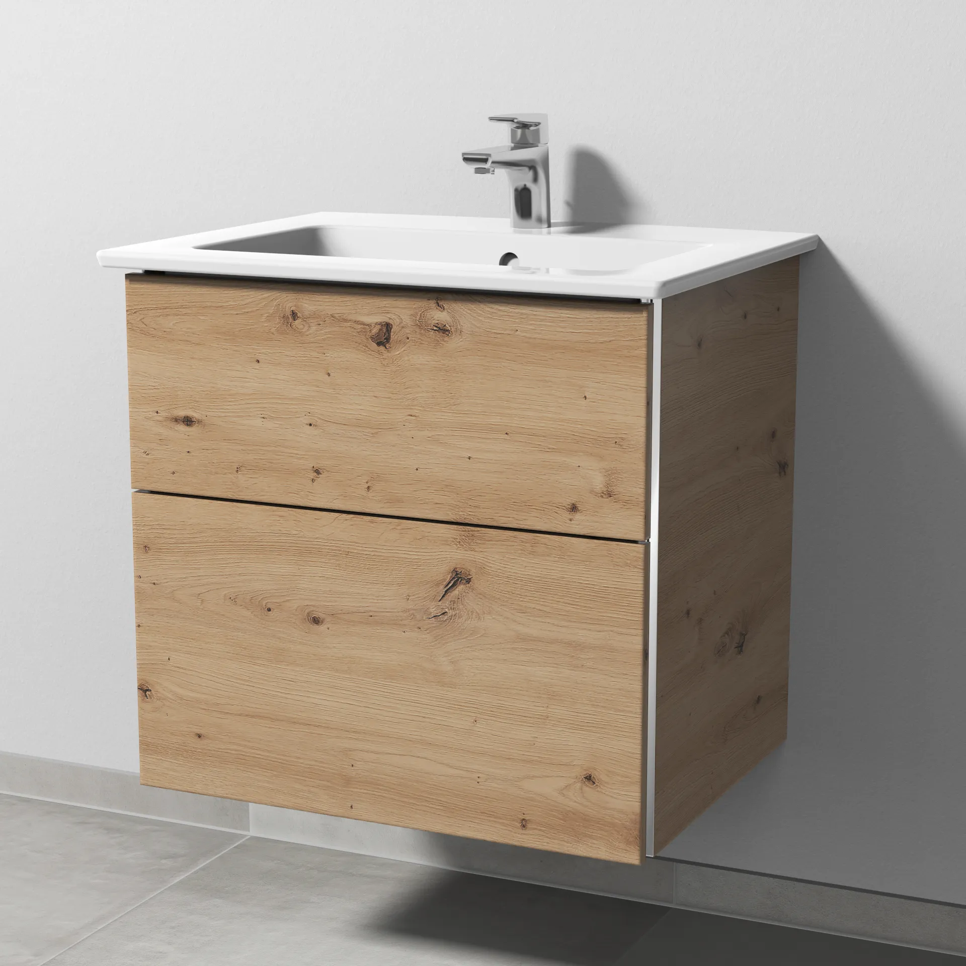 Sanipa Keramik-Waschtisch-Waschtischunterschrank mit Waschtischunterschrank „3way“ 605 × 591 × 477 mm in Eiche Natural-Touch, mit Hahnlochbohrung,