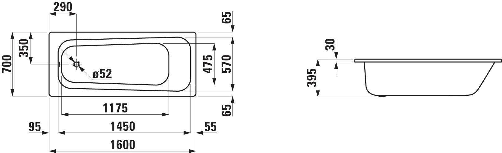 Laufen PRO 700x1600x395 Körperform-Einbau-Badewanne, Stahl, weiß Laufen PRO 700x1600x395 Körperform-Einbau-Badewanne, Stahl, weiß