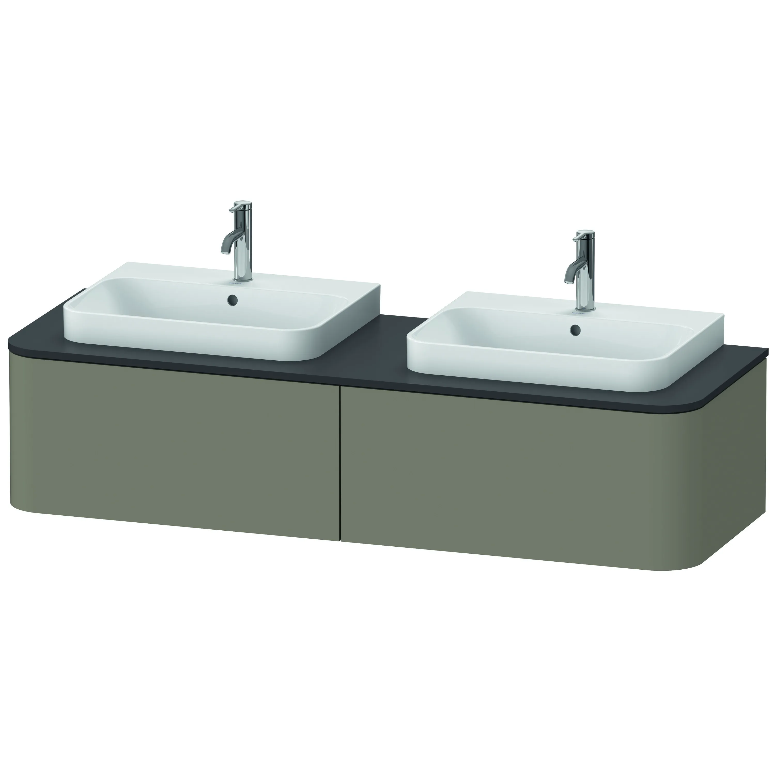 Duravit Waschtischunterschrank wandhängend „Happy D.2 Plus“ 160 × 35,4 × 55 cm Steingrau Seidenmatt Becken: links und rechts / Beleuchtung: ohne / Front- & Korpusfarbe: Steingrau Seidenmatt / Größe: 160 × 55 × 35,4 cm / Oberfläche: Lack / Schubladen: 2
