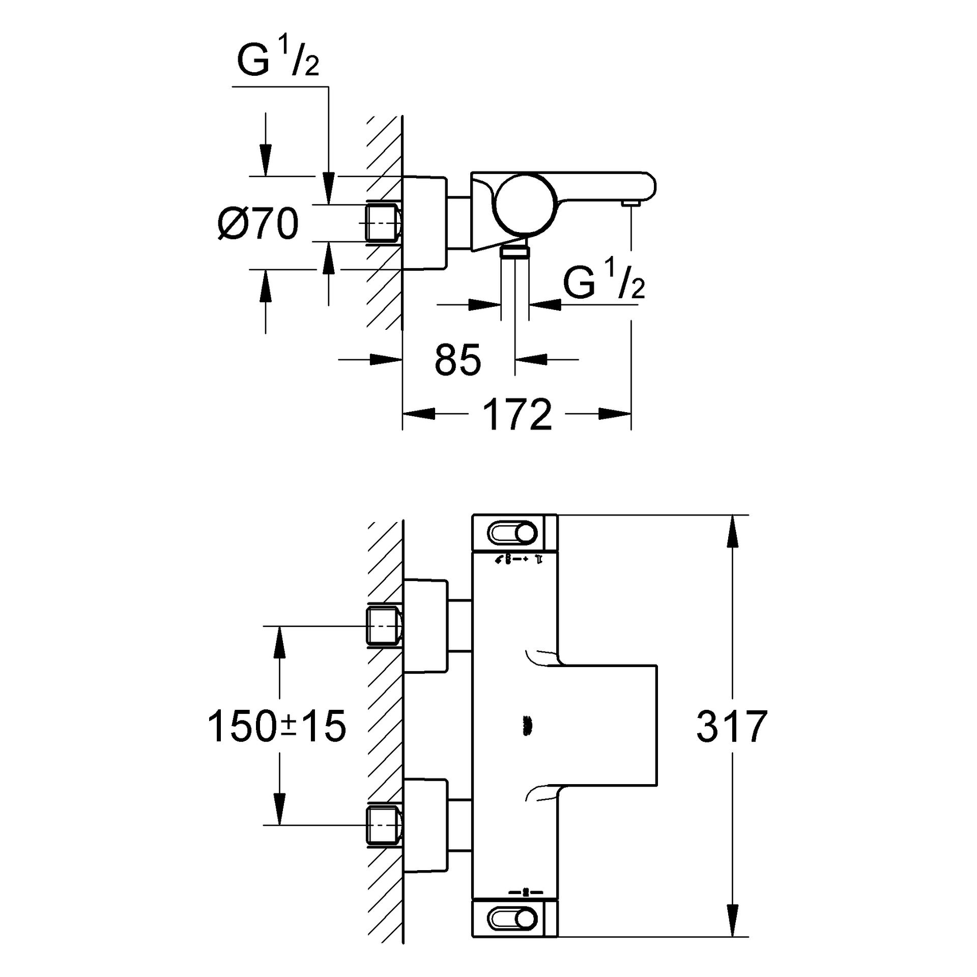 Thermostat-Wannenbatterie Grohtherm 2000 34174_1, Wandmontage, chrom