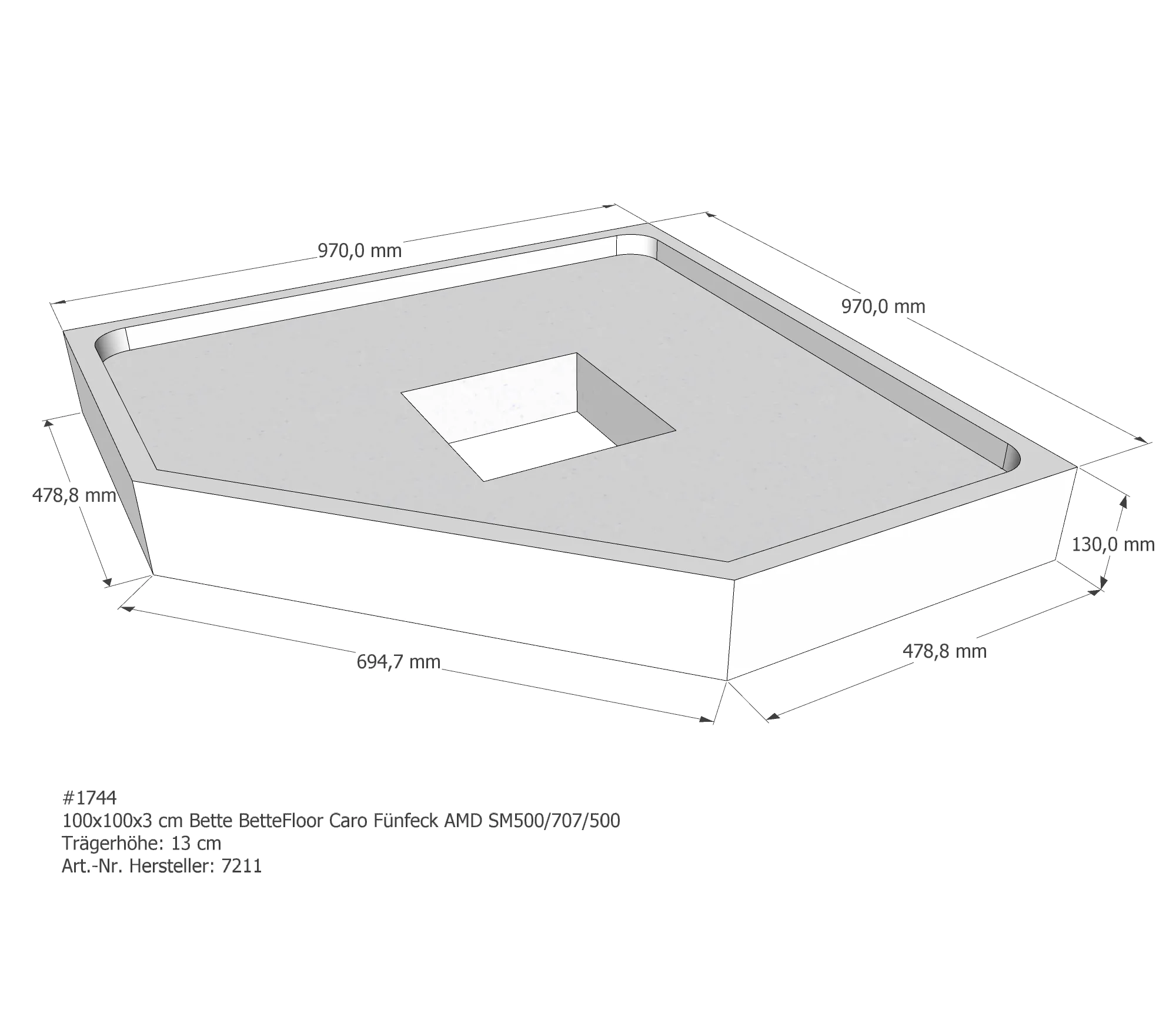 Duschwannenträger für Bette Floor Caro 100 × 100 × 3 cm Breite: 100 cm / Länge: 100 cm