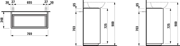 Waschtischunterbau BASE für INO 348x769x768 bodenstehend 2 Schubladen mit Griff aluminium eloxiert für Waschtische H813301/2 weiß matt