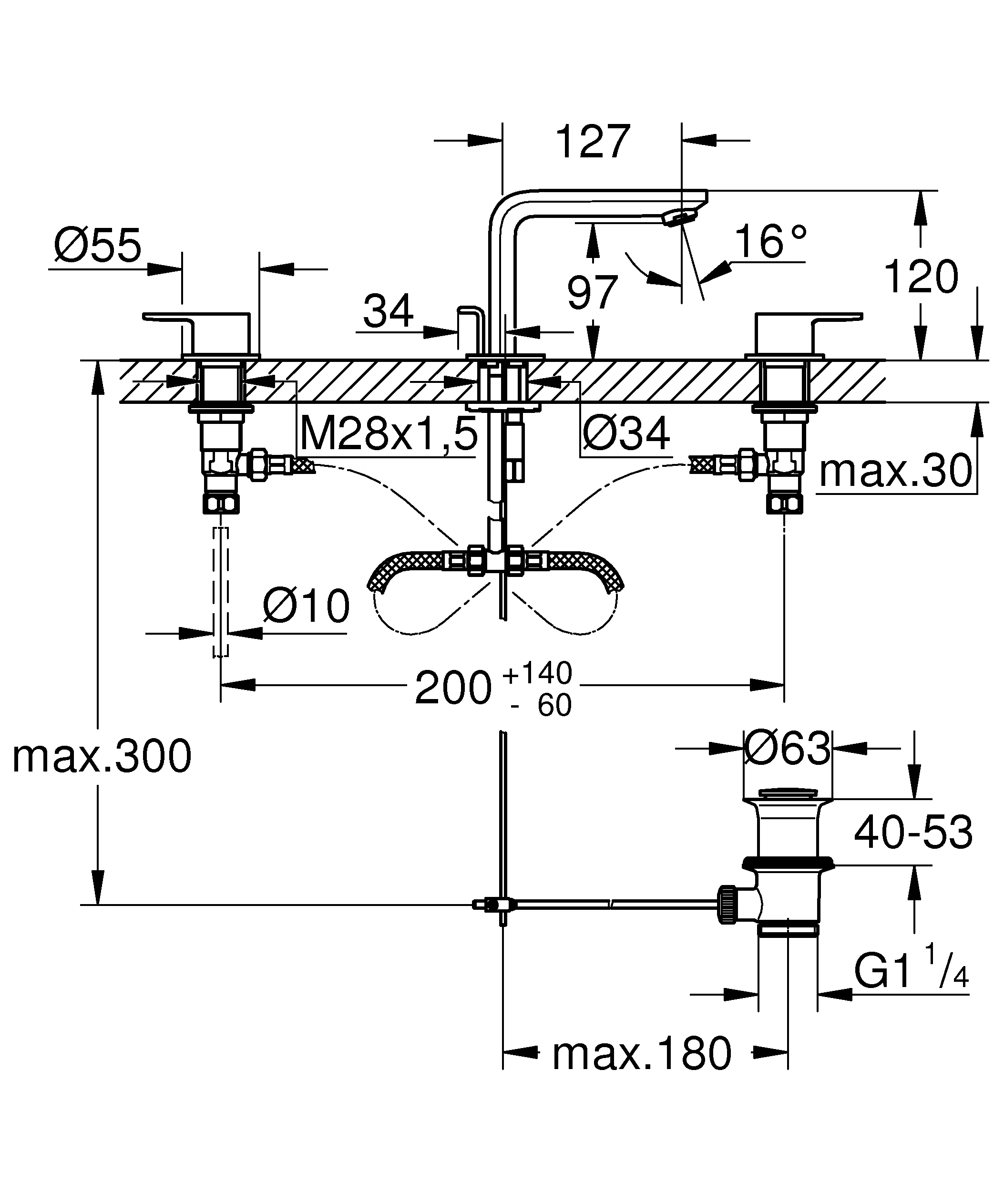 3-Loch-Waschtischbatterie Lineare 20304_1, Zugstangen-Ablaufgarnitur 1 1/4'', matt black