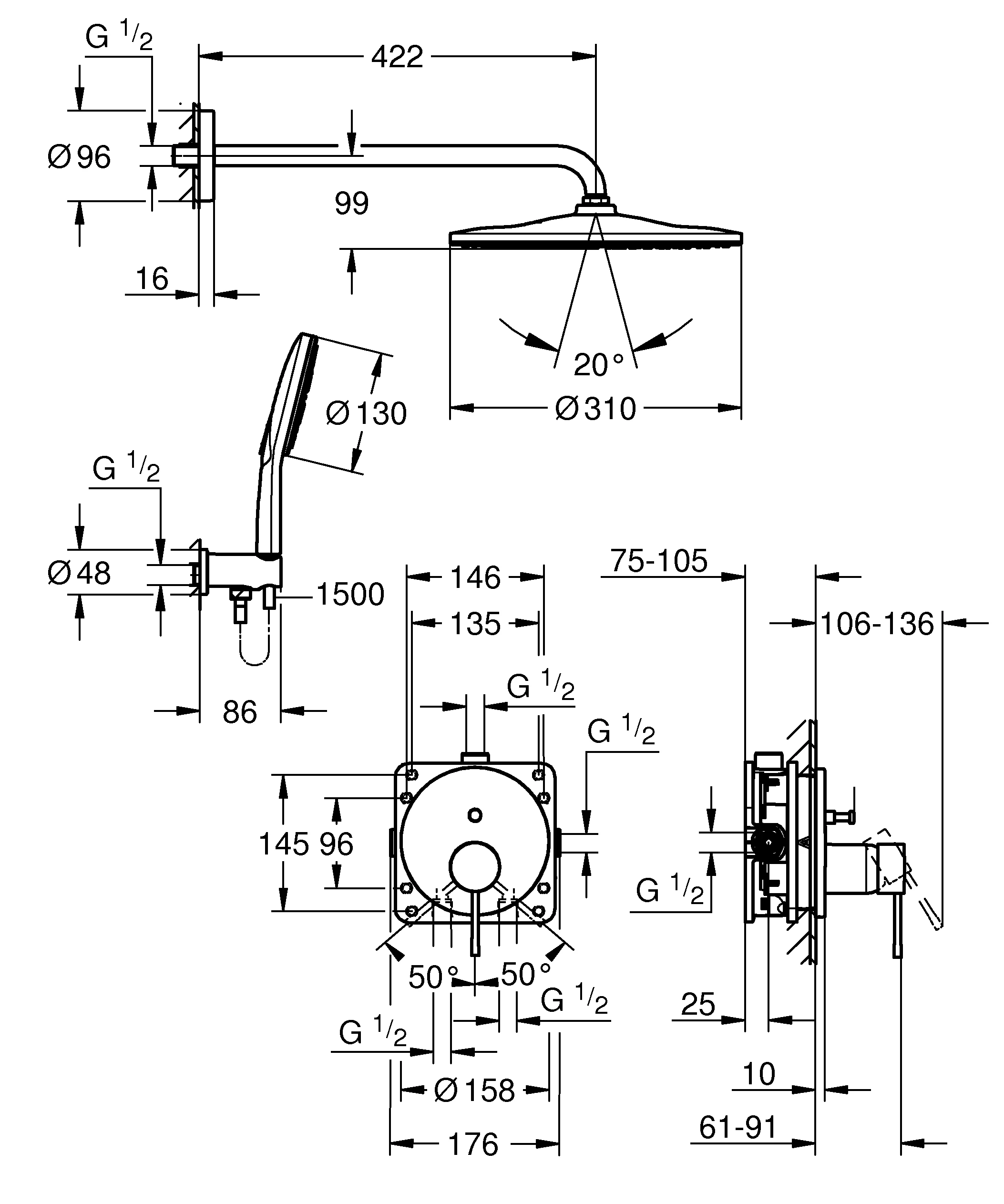 Unterputz-Duschsystem Essence 25287, mit UP-Einhandmischer mit 2-Wege-Umstellung, Rapido SmartBox, Kopfbrause Rainshower Mono 310, Rainshower SmartActive 130 Handbrause, Wandabgangsbogen, Brauseschlauch, chrom