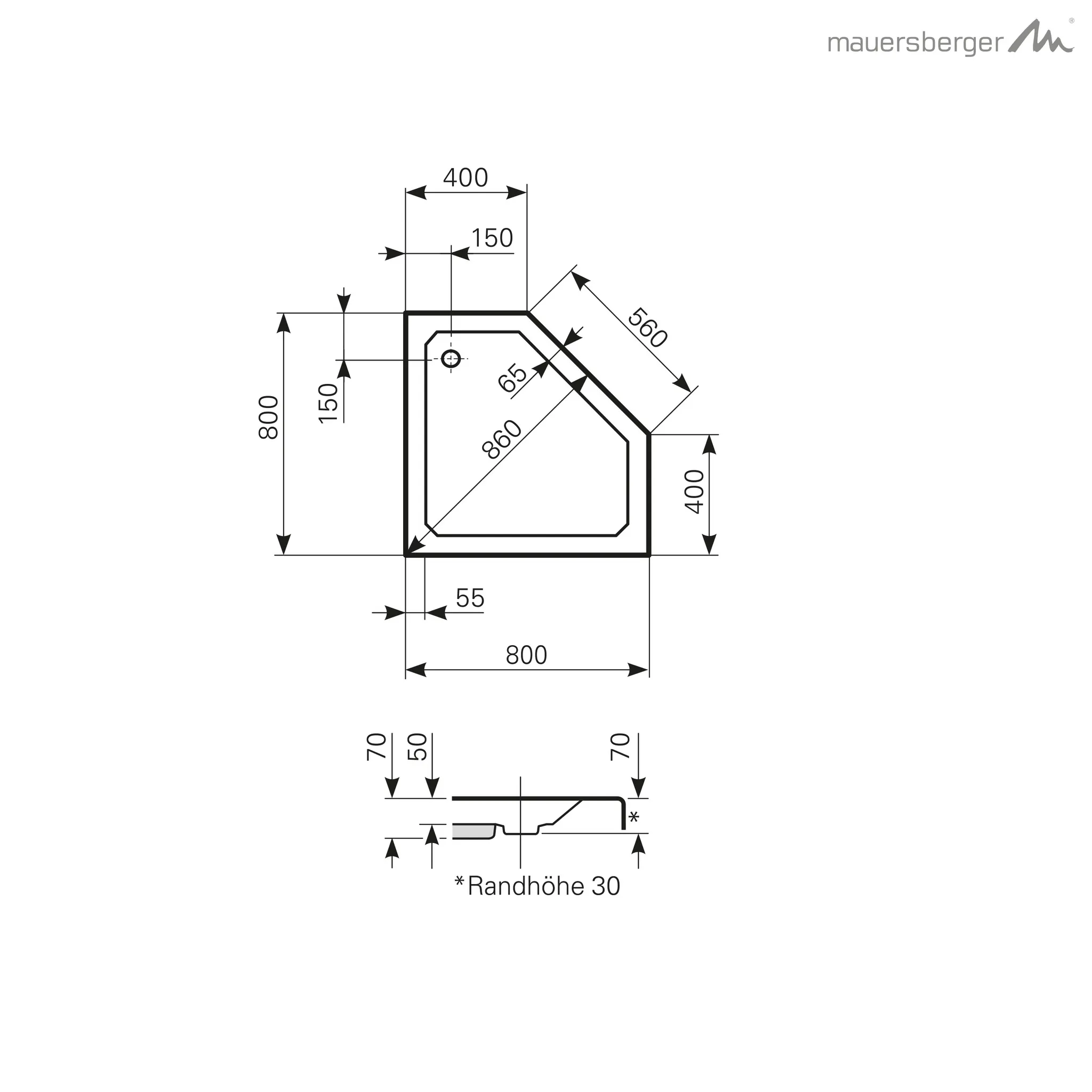 Mauersberger Acryl-Duschwanne ceptor 80 flach, 800x800(400)x70, Farbe: weiß Mauersberger Acryl-Duschwanne ceptor 80 flach, 800x800(400)x70, Farbe: weiß