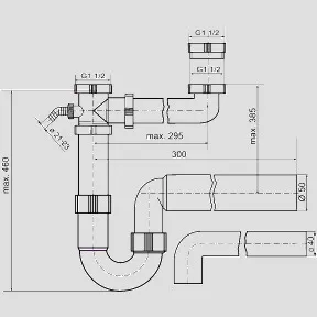 Ablaufverbindung G1 1/2 × 50 × max. 295, exzentrisch, Rohrgeruchsverschluss