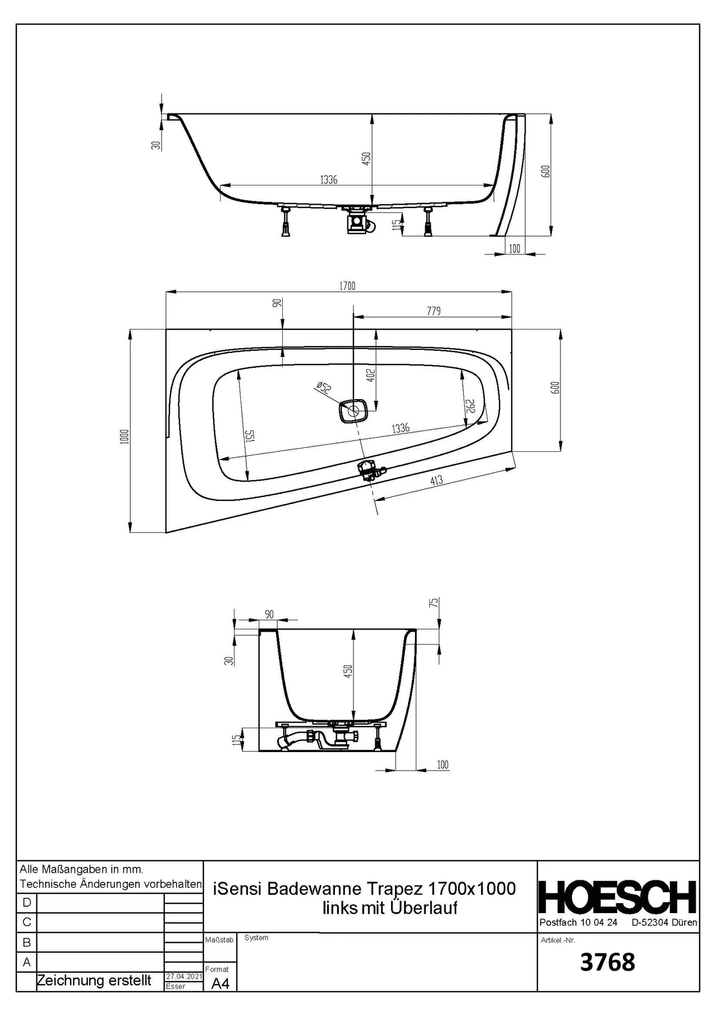 Hoesch Badewanne „iSensi“ Monolith trapez 170 × 100 cm, links in Weiß Hoesch Badewanne „iSensi“ Monolith trapez 170 × 100 cm, links in Weiß