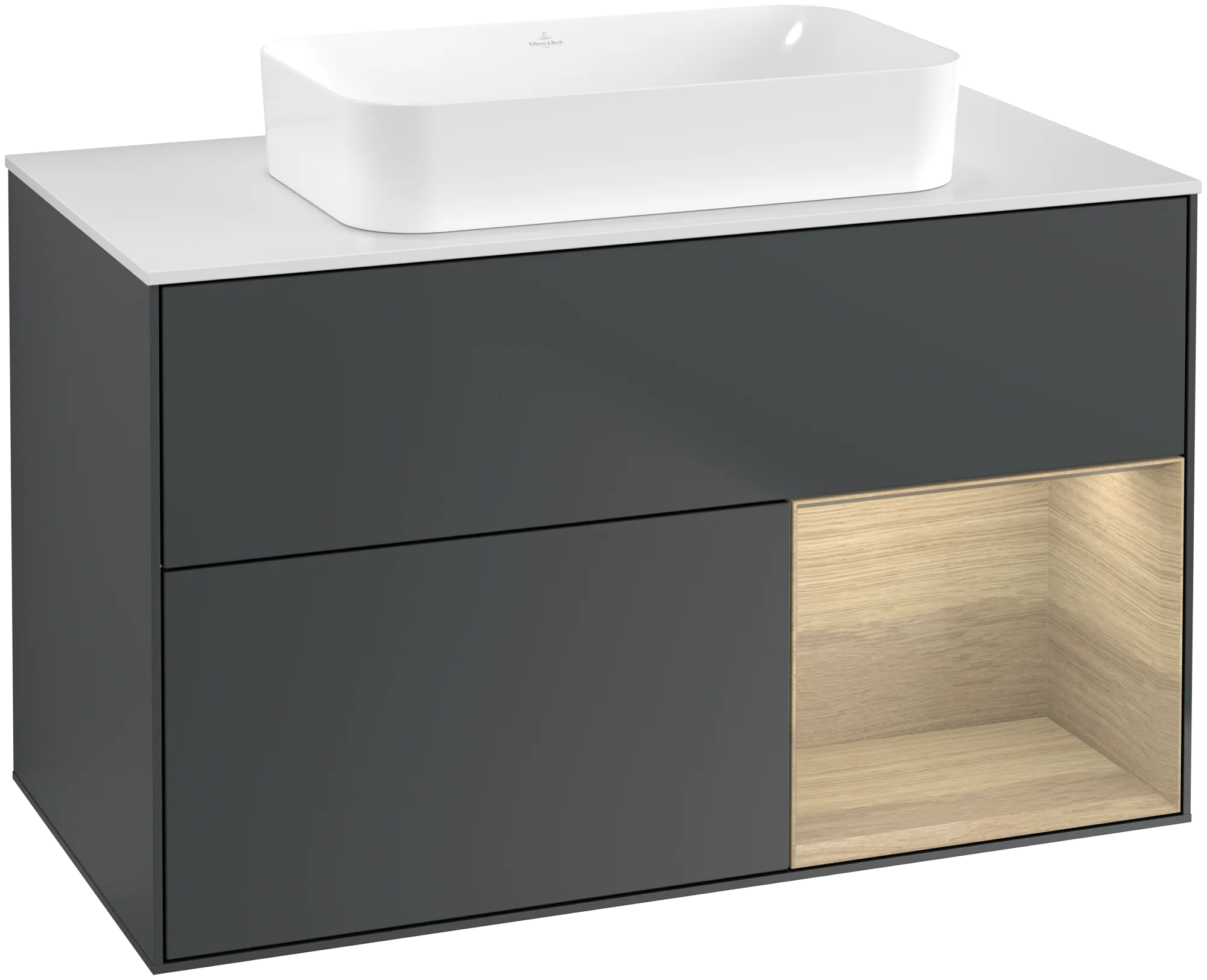 Villeroy & Boch Finion Waschbeckenunterschrank G66, 1000x603x501mm, Midnight Blue Matt Lacquer / Oak Veneer / Glass White Matt
