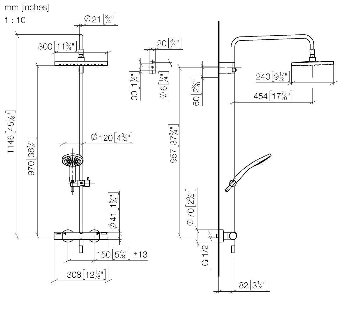 Dornbracht Showerpipe SERIENSPEZIFISCH mit Brause-Thermostat, Chrom, 300 x 240 mm, Höhe bis Regenbrause 970 mm, Ausladung Standbrause 454 mm Dornbracht Showerpipe SERIENSPEZIFISCH mit Brause-Thermostat, Chrom, 300 x 240 mm, Höhe bis Regenbrause 970 mm, Ausladung Standbrause 454 mm