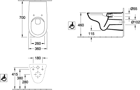 Wand-Tiefspül-WC Combi-Pack DirectFlush „ViCare“ mit Klappgriff „ViCare Funktion“ 36 × 34,4 × 70 cm ohne Spülrand