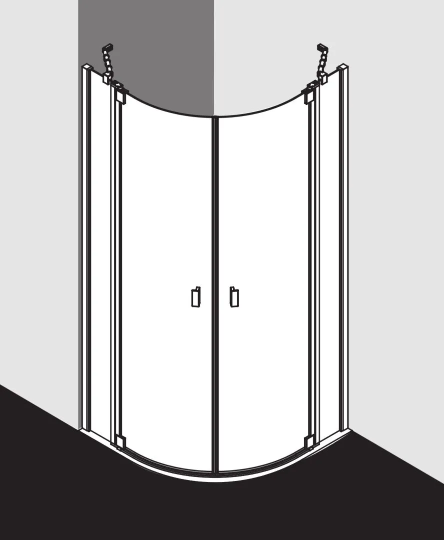 Kermi Duschdesign Viertelkreis-Duschkabine mit Pendeltüren mit Festfeldern „RAYA“ Glas Klar, Profile Silber Hochglanz, BV: 1170 - 1200 mm GAK: 1155 - 1185 mm WE: 1180 - 1210 mm H: 2000 mm Kermi Duschdesign Viertelkreis-Duschkabine mit Pendeltüren mit Festfeldern „RAYA“ Glas Klar, Profile Silber Hochglanz, BV: 1170 - 1200 mm GAK: 1155 - 1185 mm WE: 1180 - 1210 mm H: 2000 mm