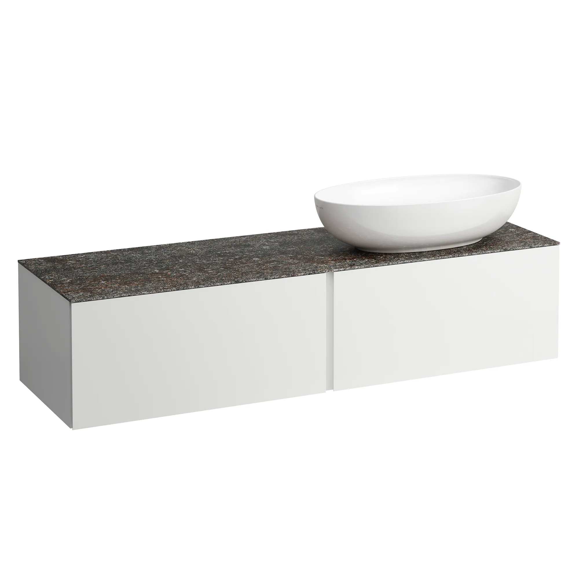 Schubladenelement (Waschtischunterbau+Waschtischplatte) ILBAGNOALESSI 500x1600x370 2 Schubladen integrierte versteckte Griffe seitlich Vollauszug Soft-Close Ausschnitt rechts Marrone Naturale Top passend zu Waschtisch H818975/6 H818977/8 Weiß matt