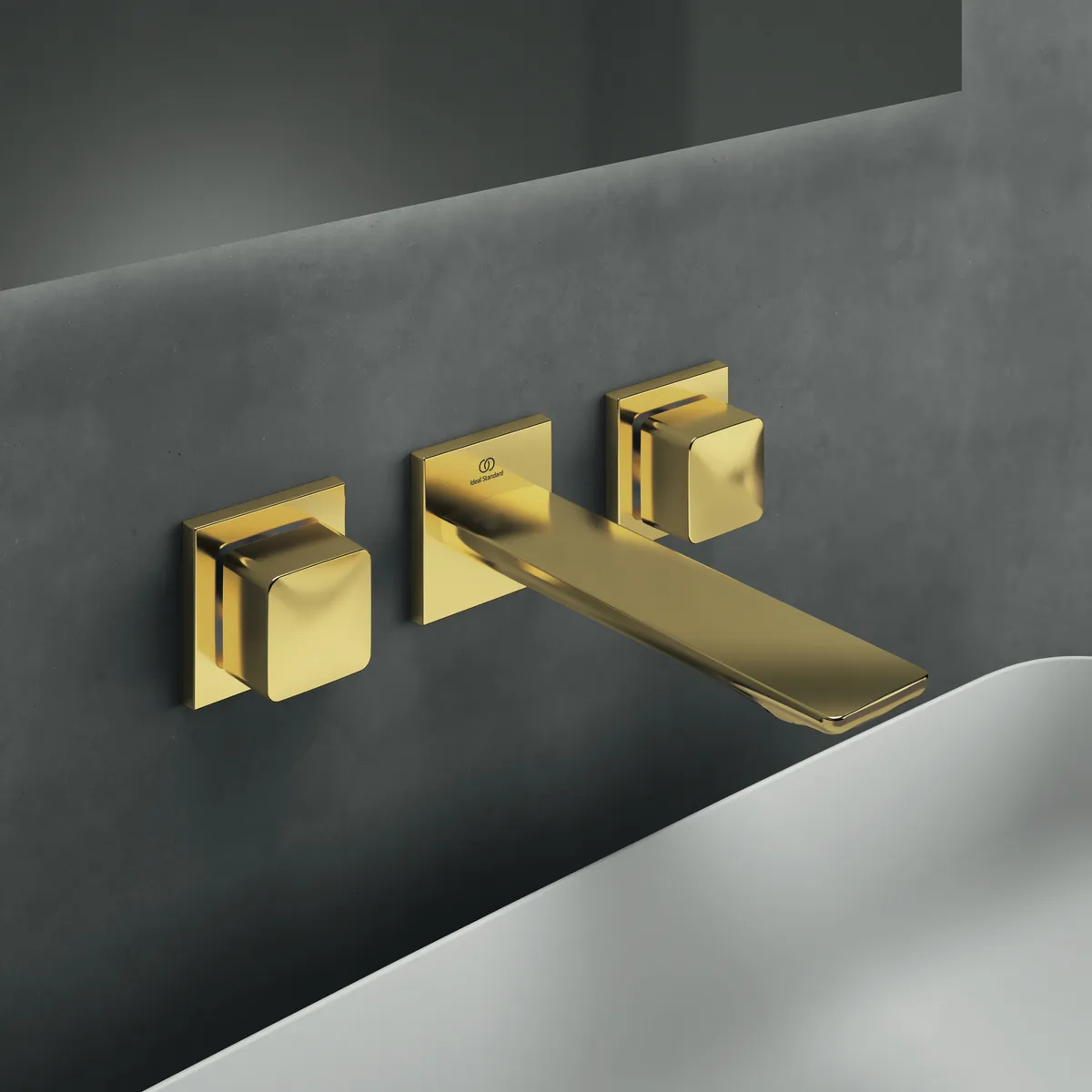 Wand-Waschtischarmatur Conca, Bausatz 2, eckige Rosetten, Ausladung 180mm, Brushed Gold